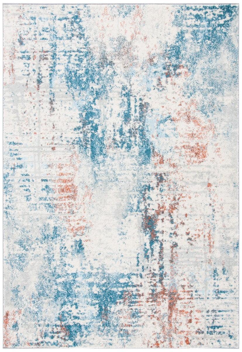 Ivory and Dark Blue Abstract 6' x 9' Washable Rug