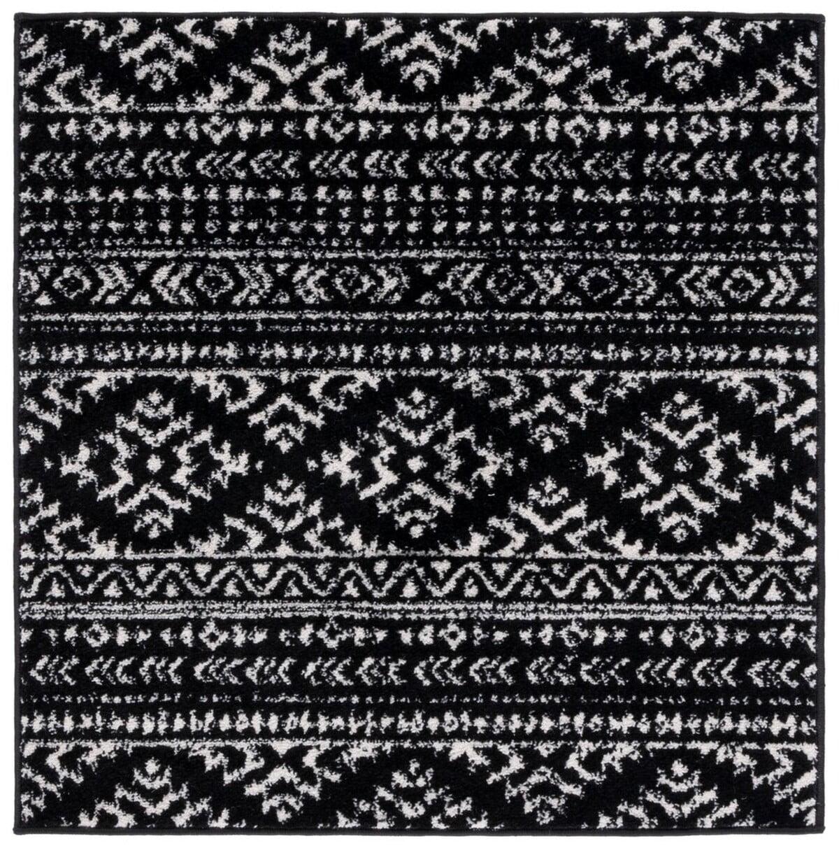 Ivory and Black Geometric Square Synthetic Area Rug