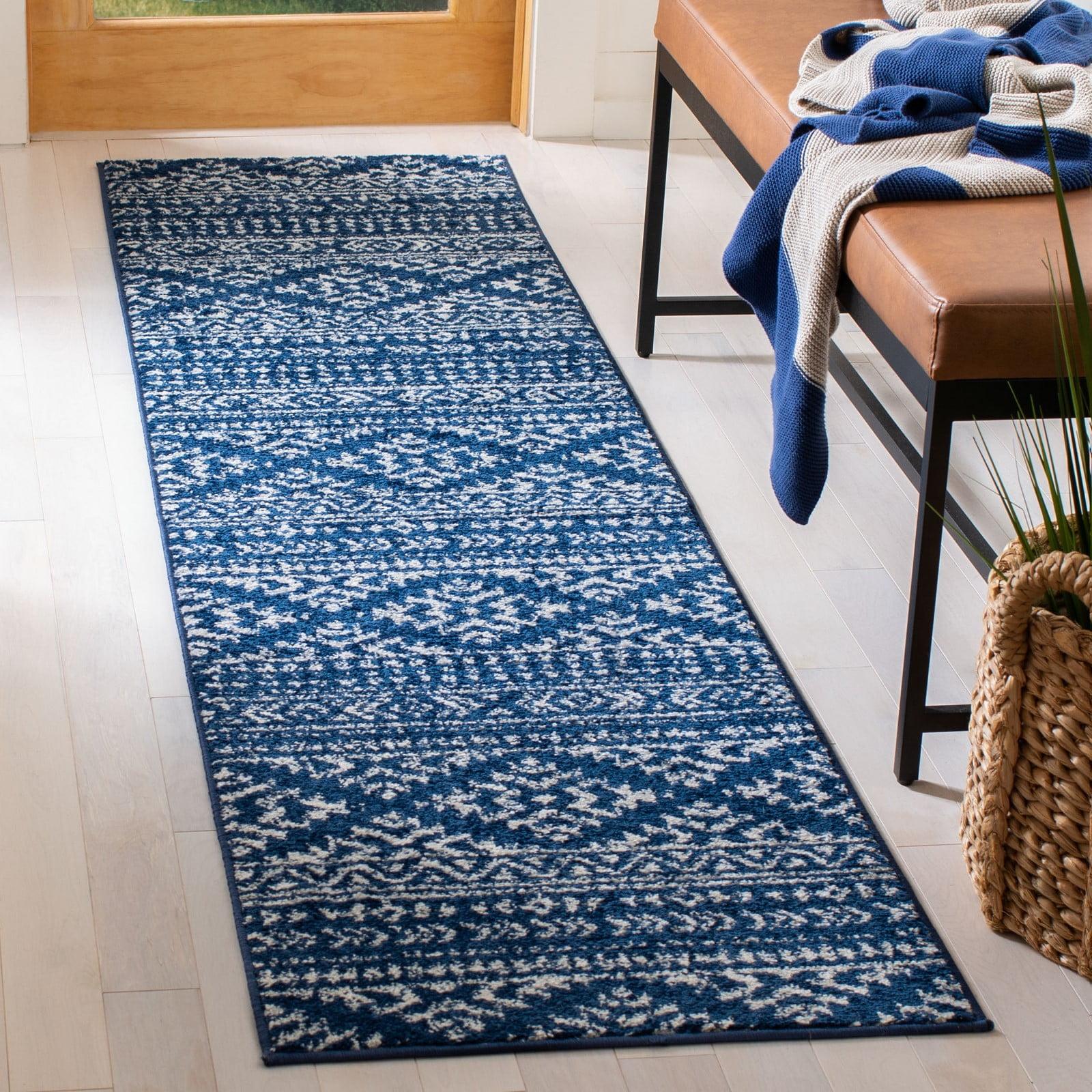 Ivory and Navy Geometric Hand-knotted Runner Rug