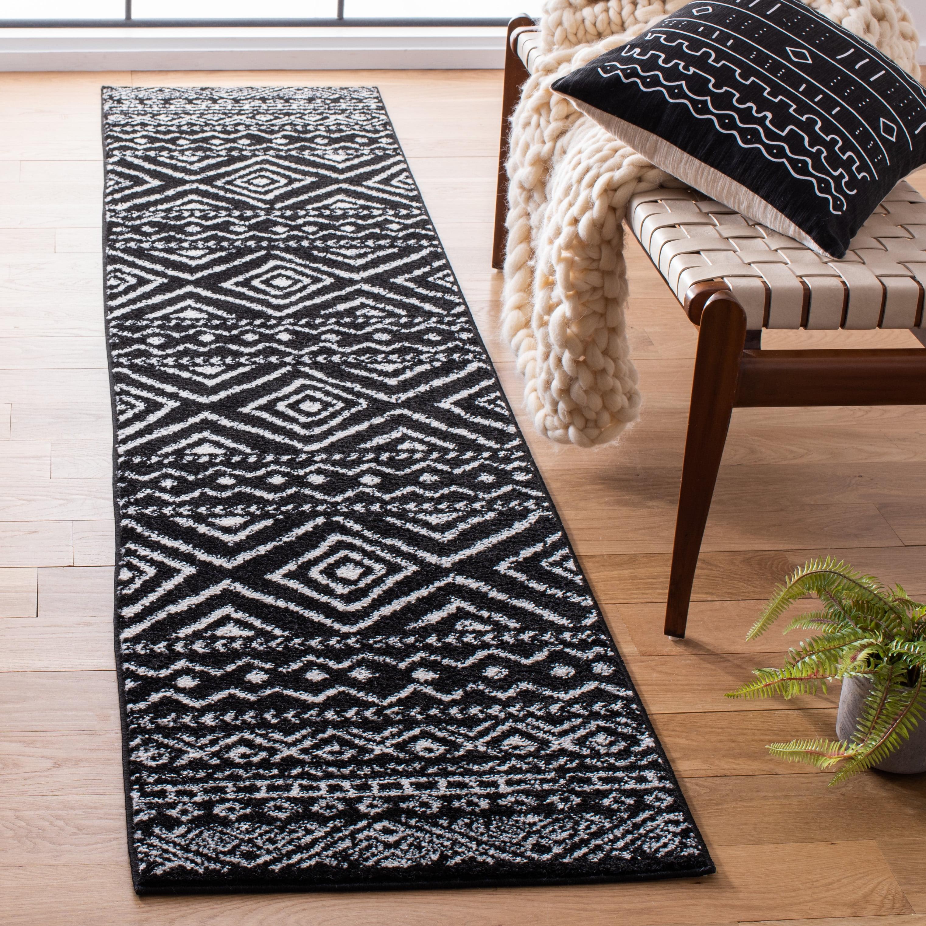 Black and Ivory Geometric Hand-knotted Runner Rug, 2' x 9'