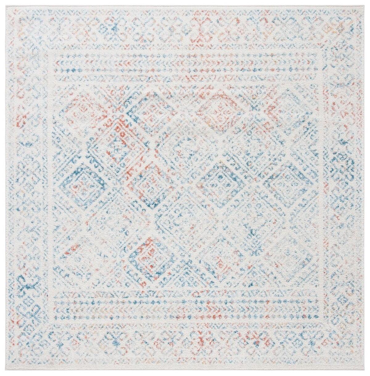 Ivory and Terracotta Geometric Square Synthetic Area Rug - Easy Care