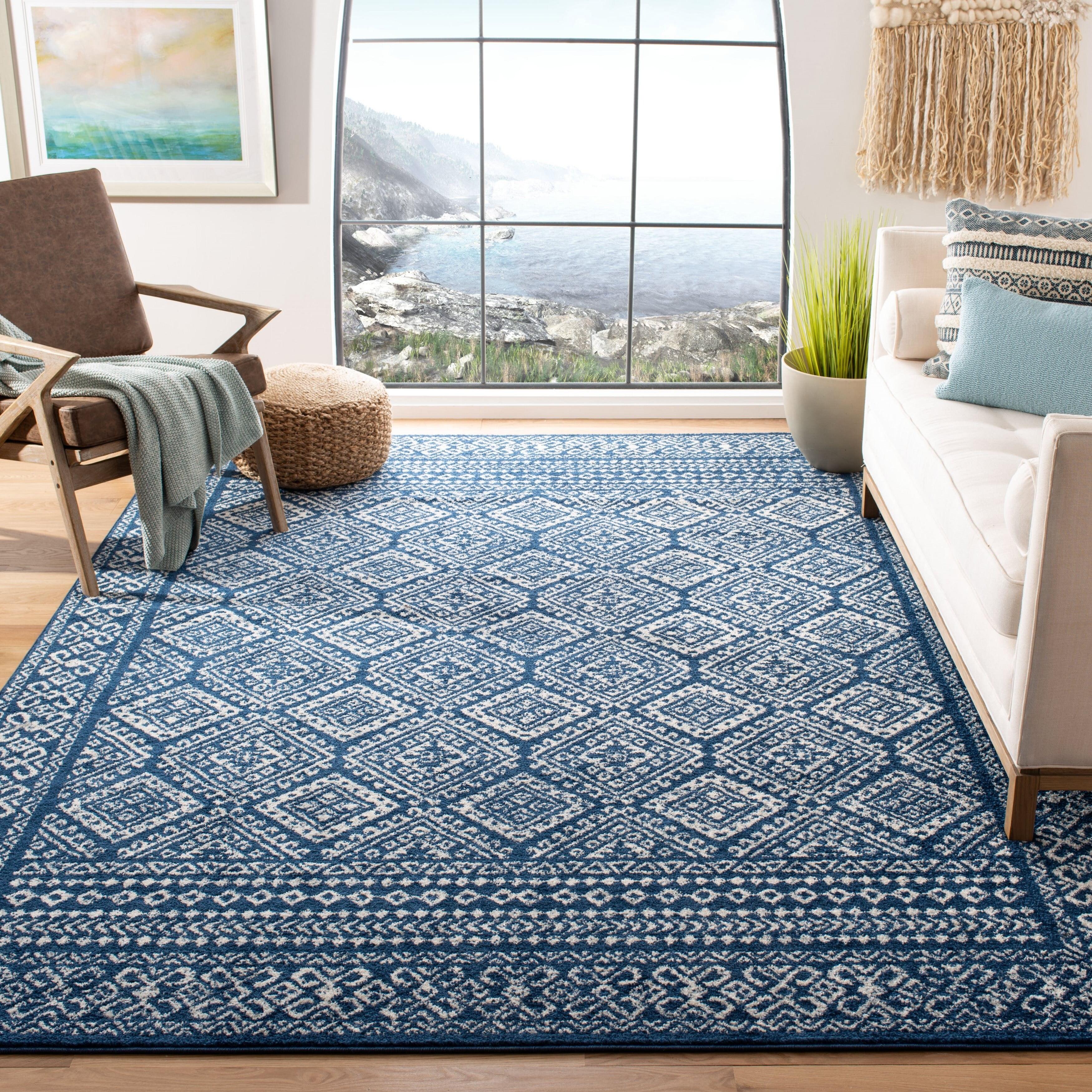 Navy and Ivory Moroccan Boho Distressed Wool Area Rug