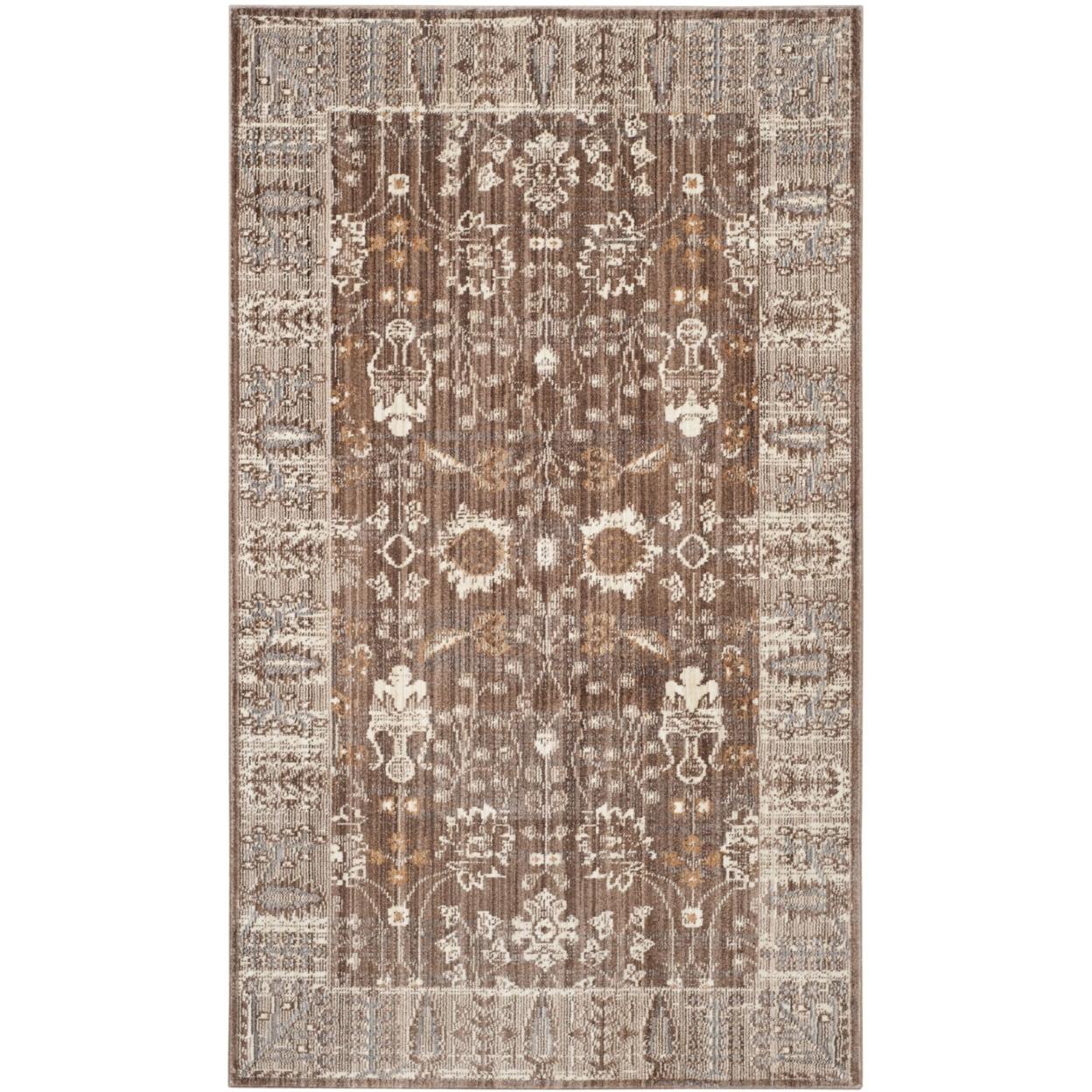 Brown and Beige Floral Bordered Synthetic Area Rug