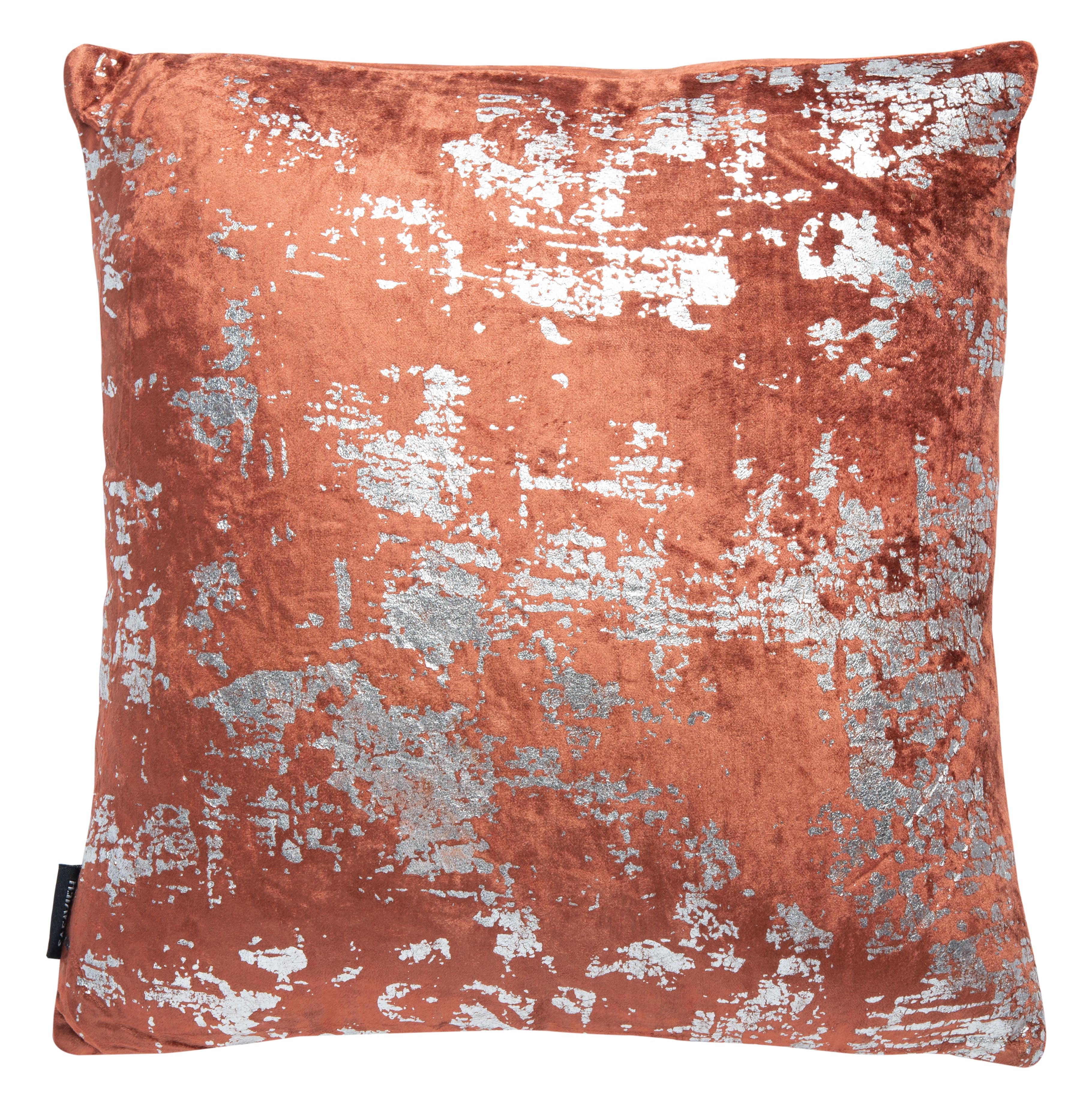 Burnt Orange Velvet Square Decorative Pillow with Silver Foil