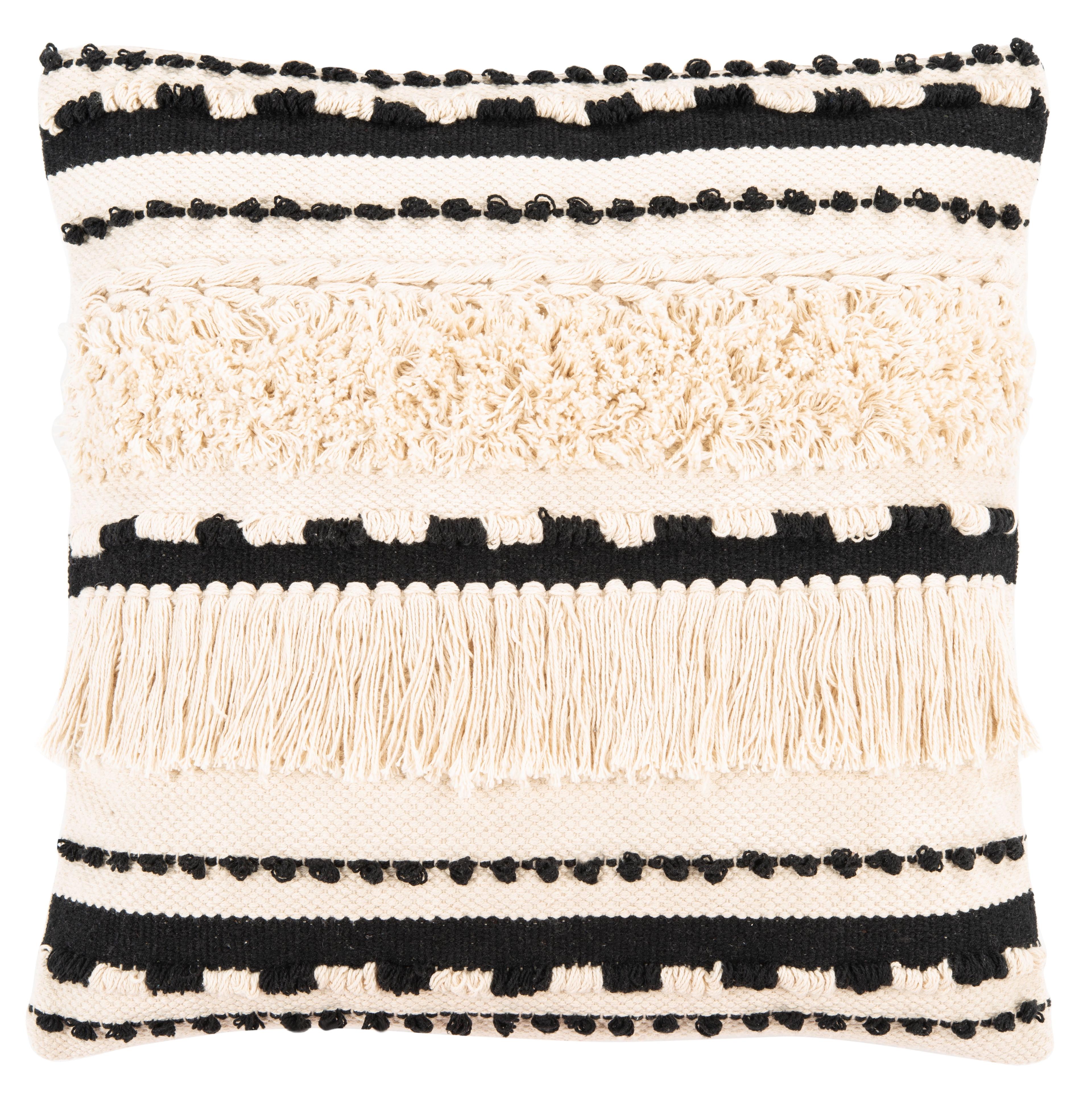 Vanka 20" Beige and Black Cotton Fringed Throw Pillow