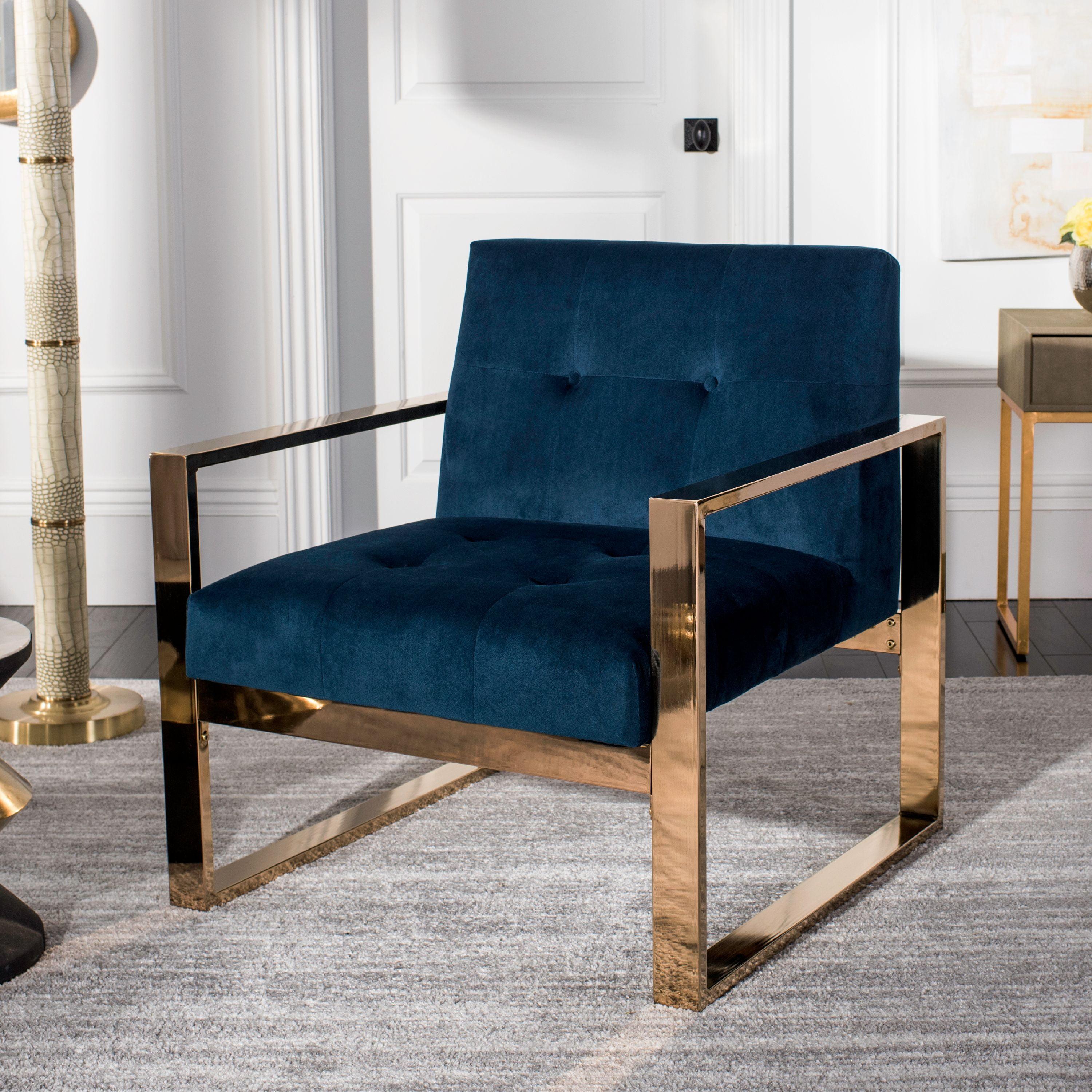 Transitional Geometric Navy Velvet Accent Chair with Gold Metal Frame