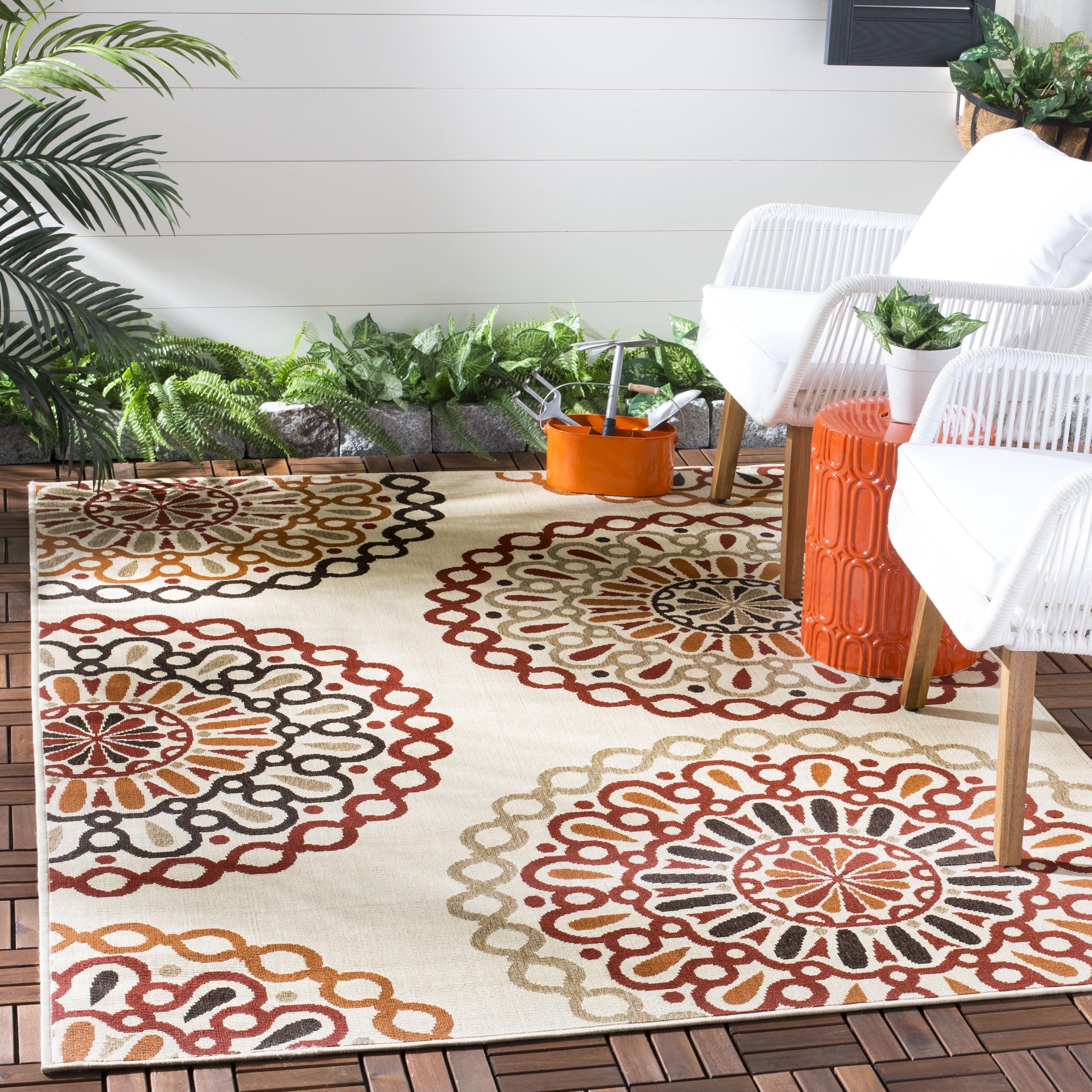 Cream and Red Geometric Indoor/Outdoor Area Rug