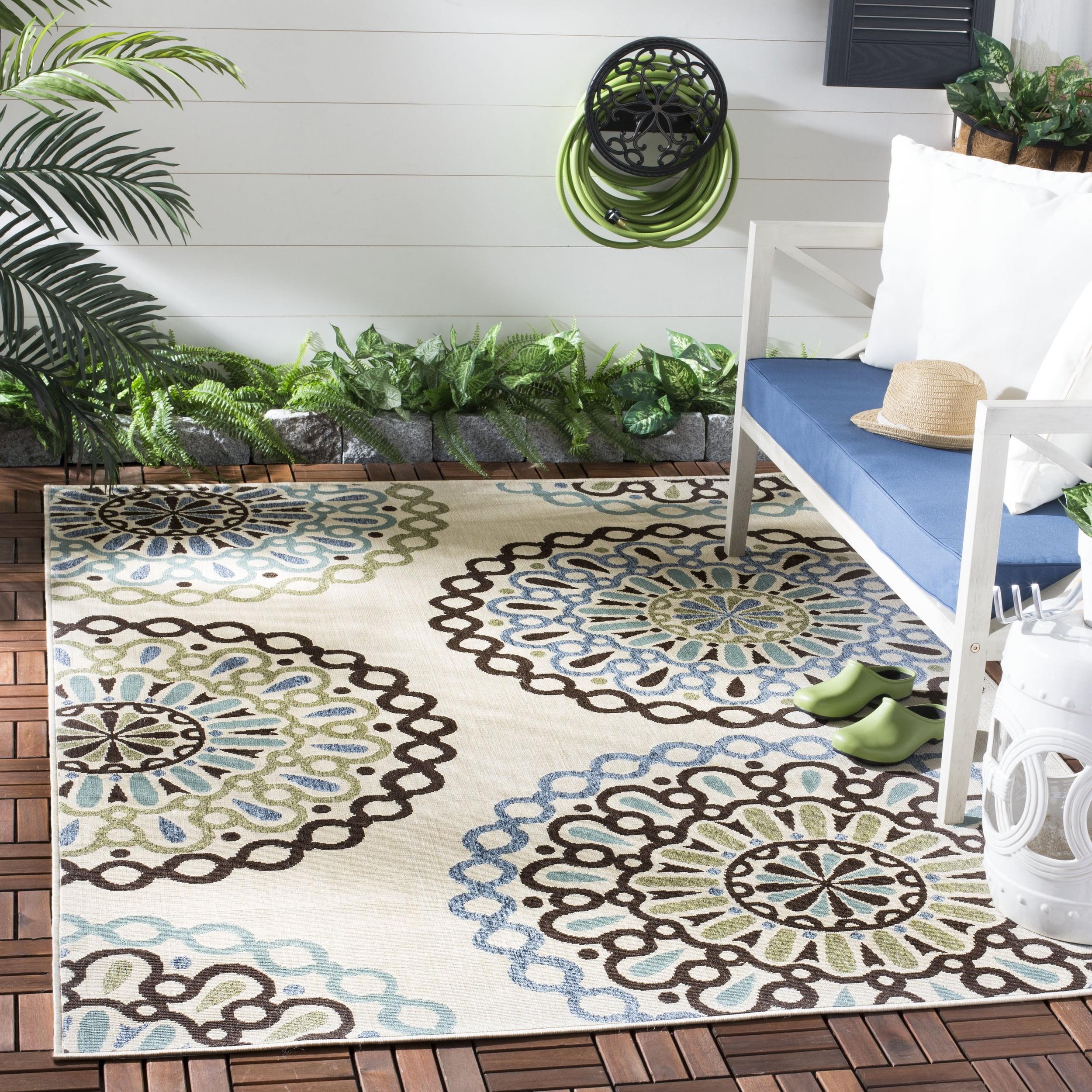 SAFAVIEH Veranda Axum Geometric Indoor/Outdoor Area Rug, 9' x 12', Cream/Blue