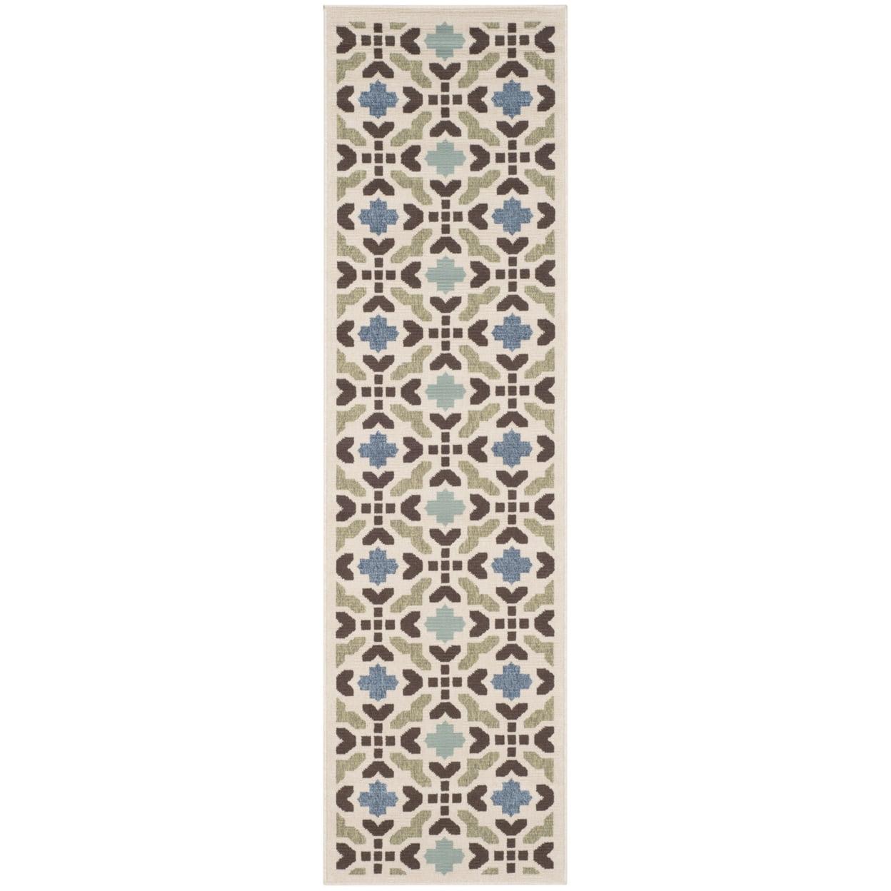 SAFAVIEH Veranda Branson Geometric Indoor/Outdoor Runner Rug, 2'3" x 8', Cream/Aqua