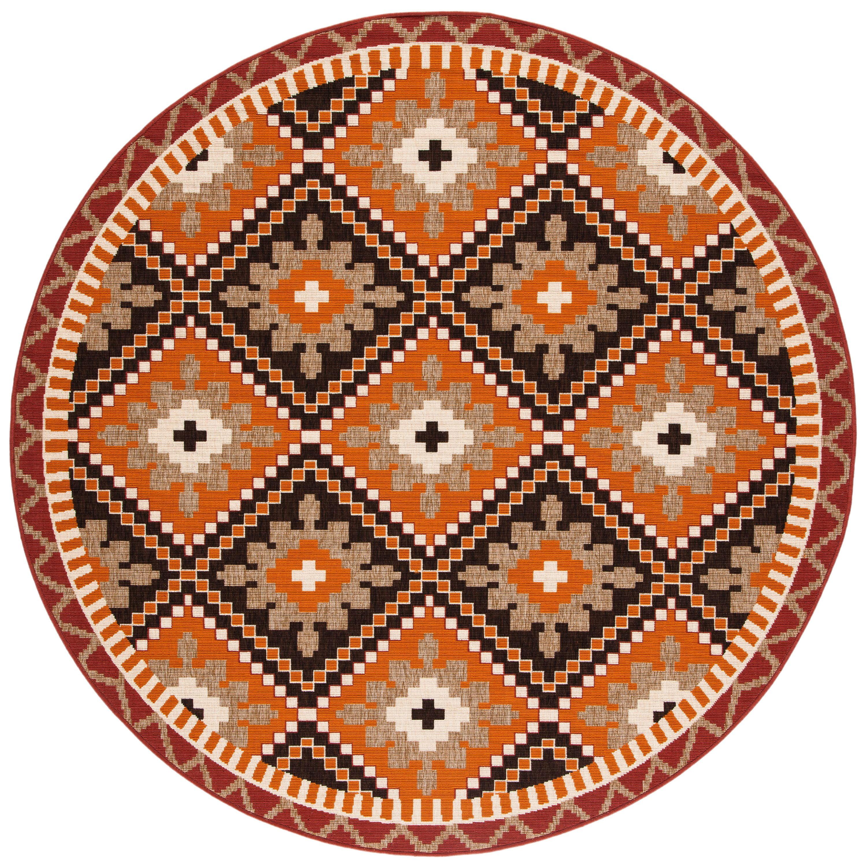 Rust/Red 6'7" Round Reversible Stain-Resistant Synthetic Rug