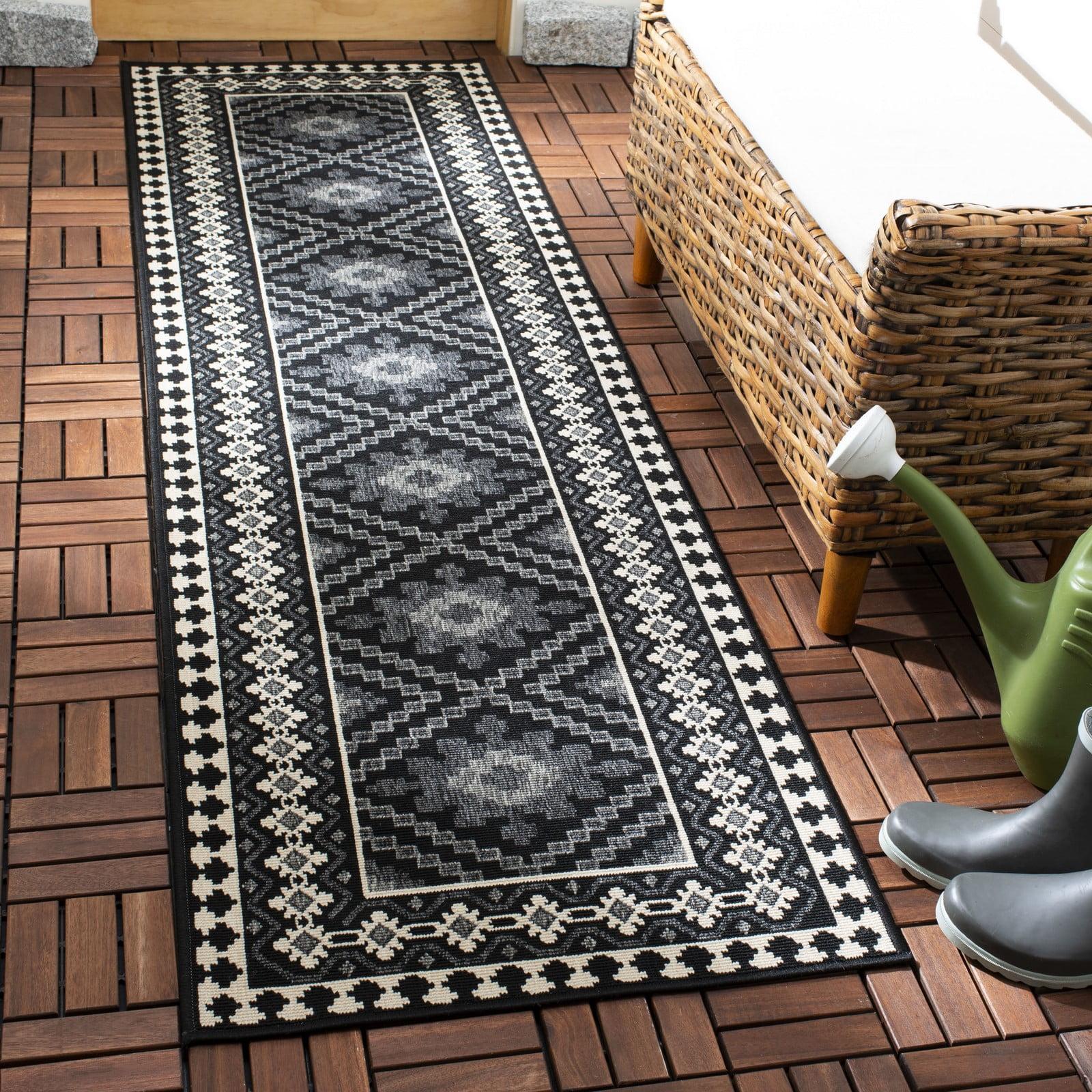 Black and Cream Synthetic Reversible Indoor/Outdoor Runner Rug