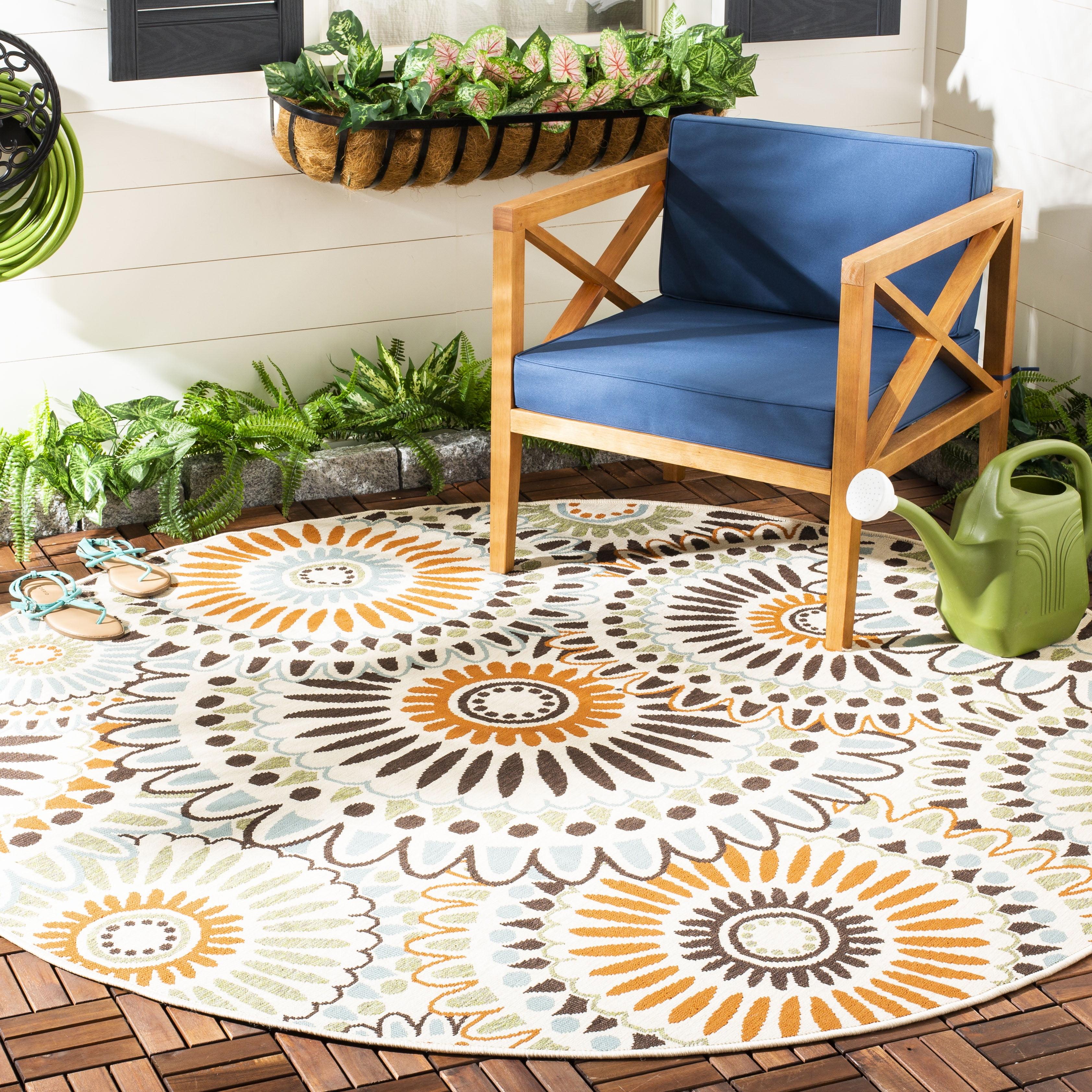 Round Cream and Chocolate Synthetic Floral Area Rug