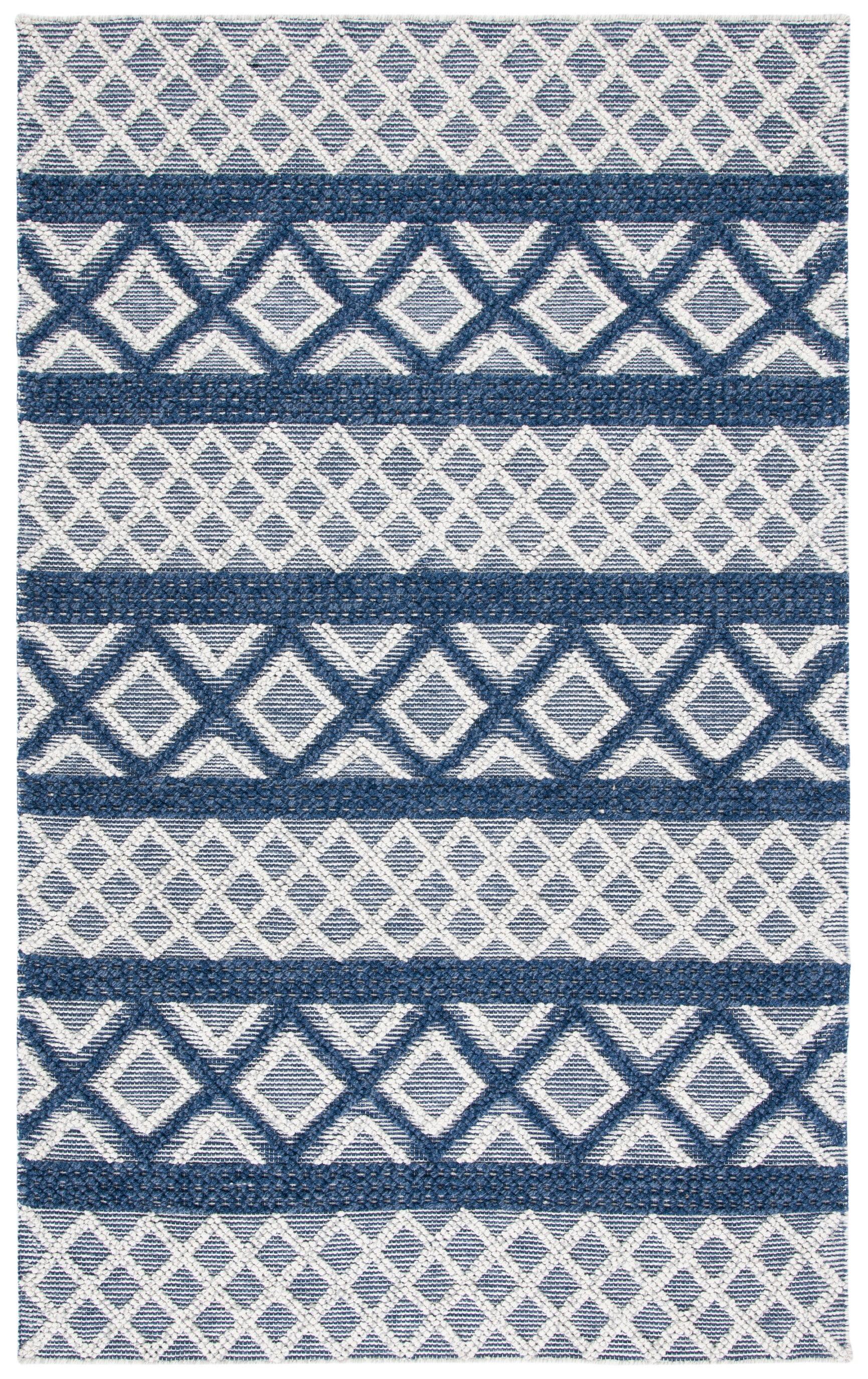 Ivory and Blue Handwoven Wool 6' x 9' Area Rug