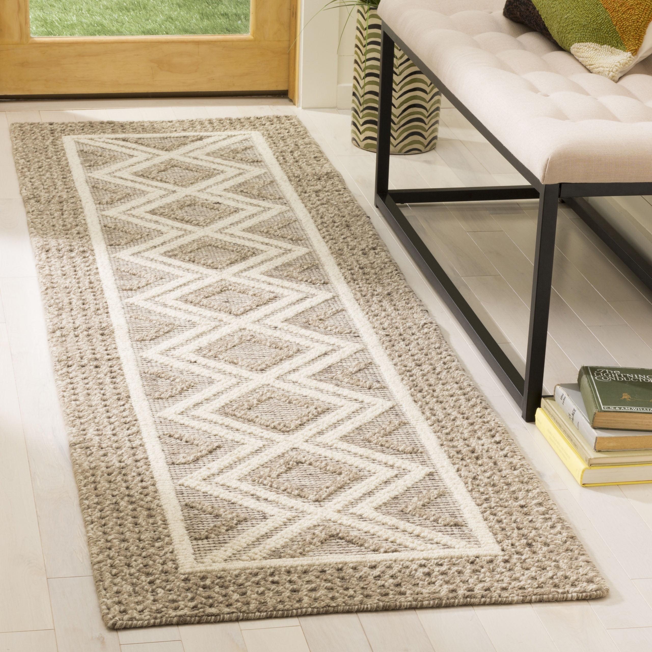 Beige and Ivory Hand-Knotted Wool Runner Rug