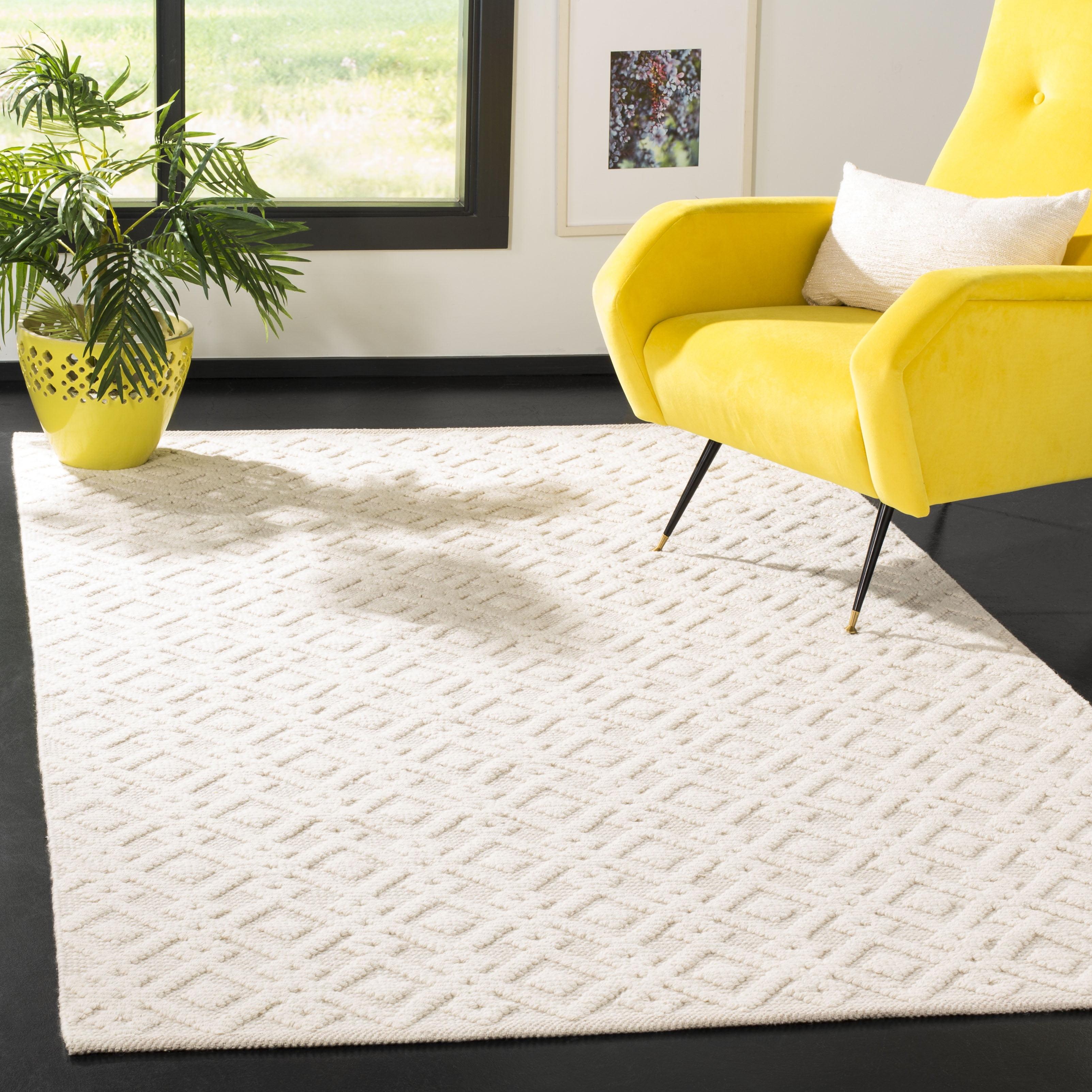 Elegant Ivory Geometric Wool-Cotton Blend Area Rug 9' x 12'