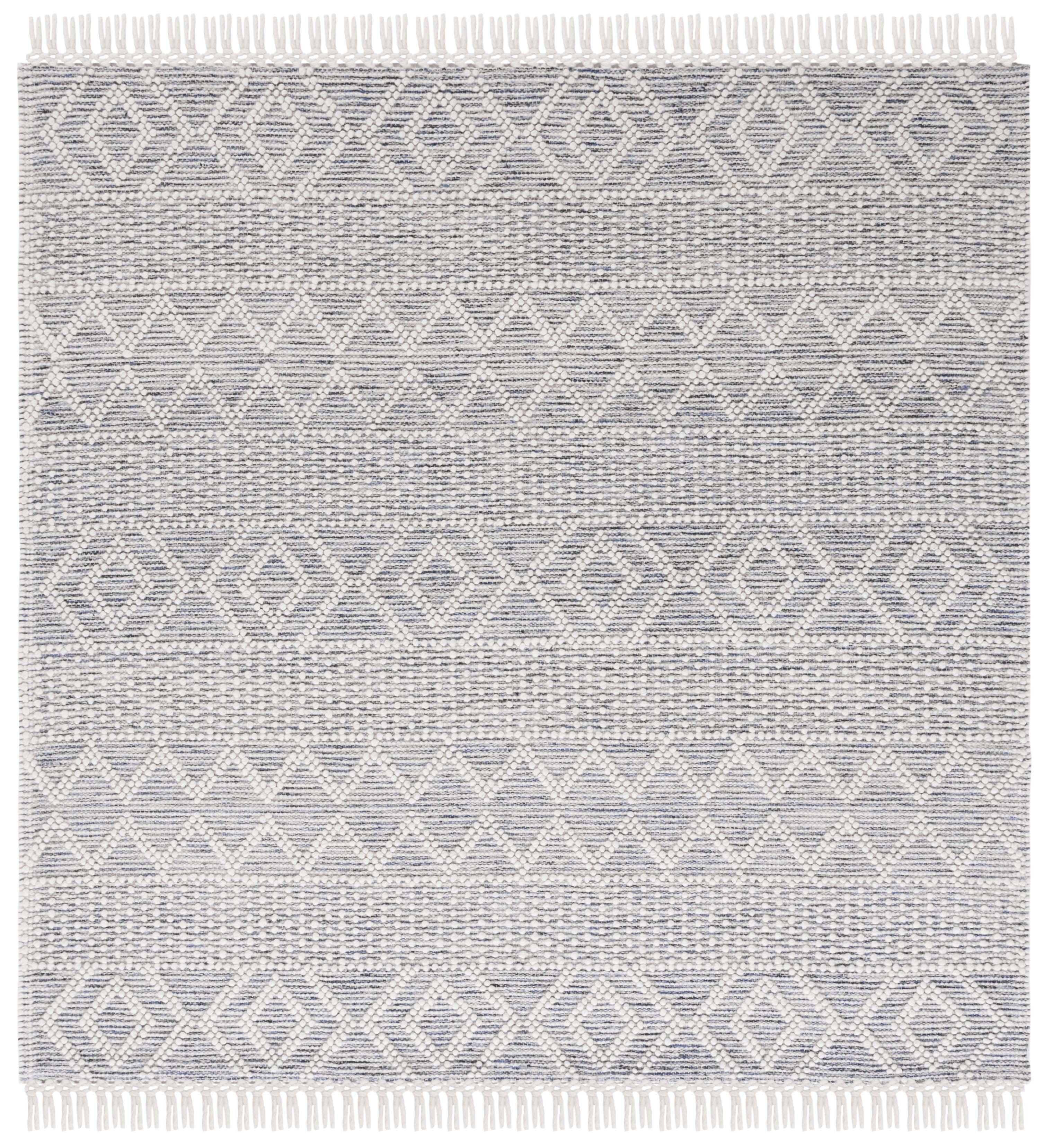 Ivory and Blue Hand-Knotted Wool Cotton Square Rug