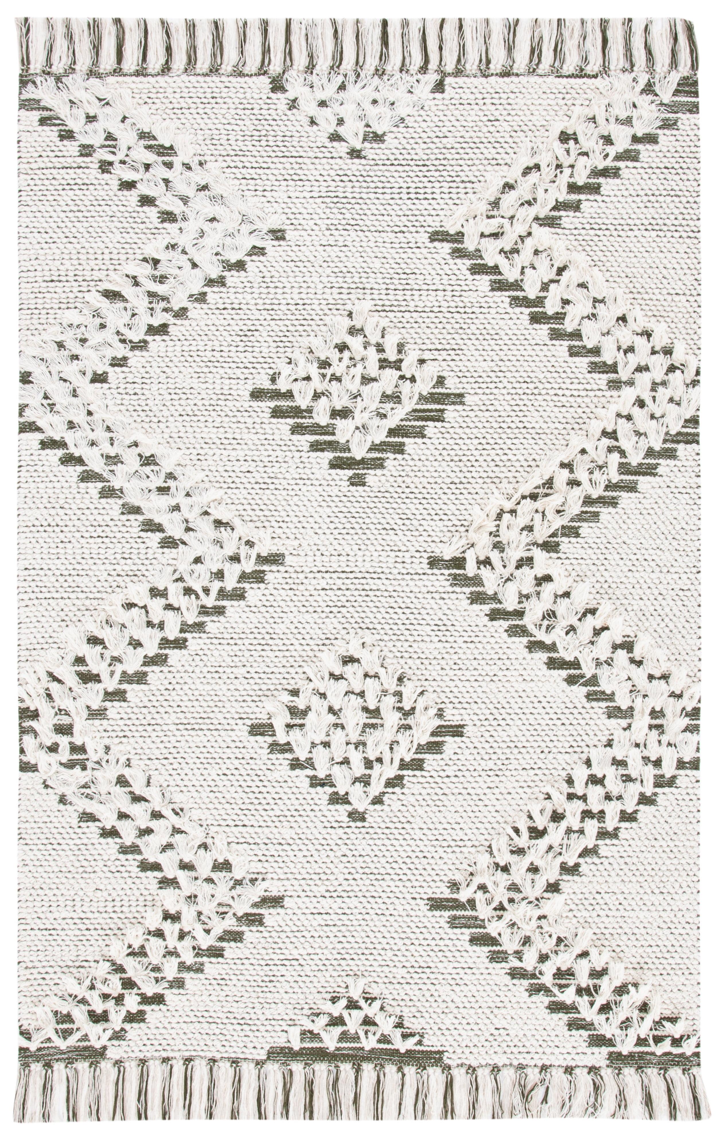 Ivory and Green Handwoven Wool Area Rug, 4' x 6'