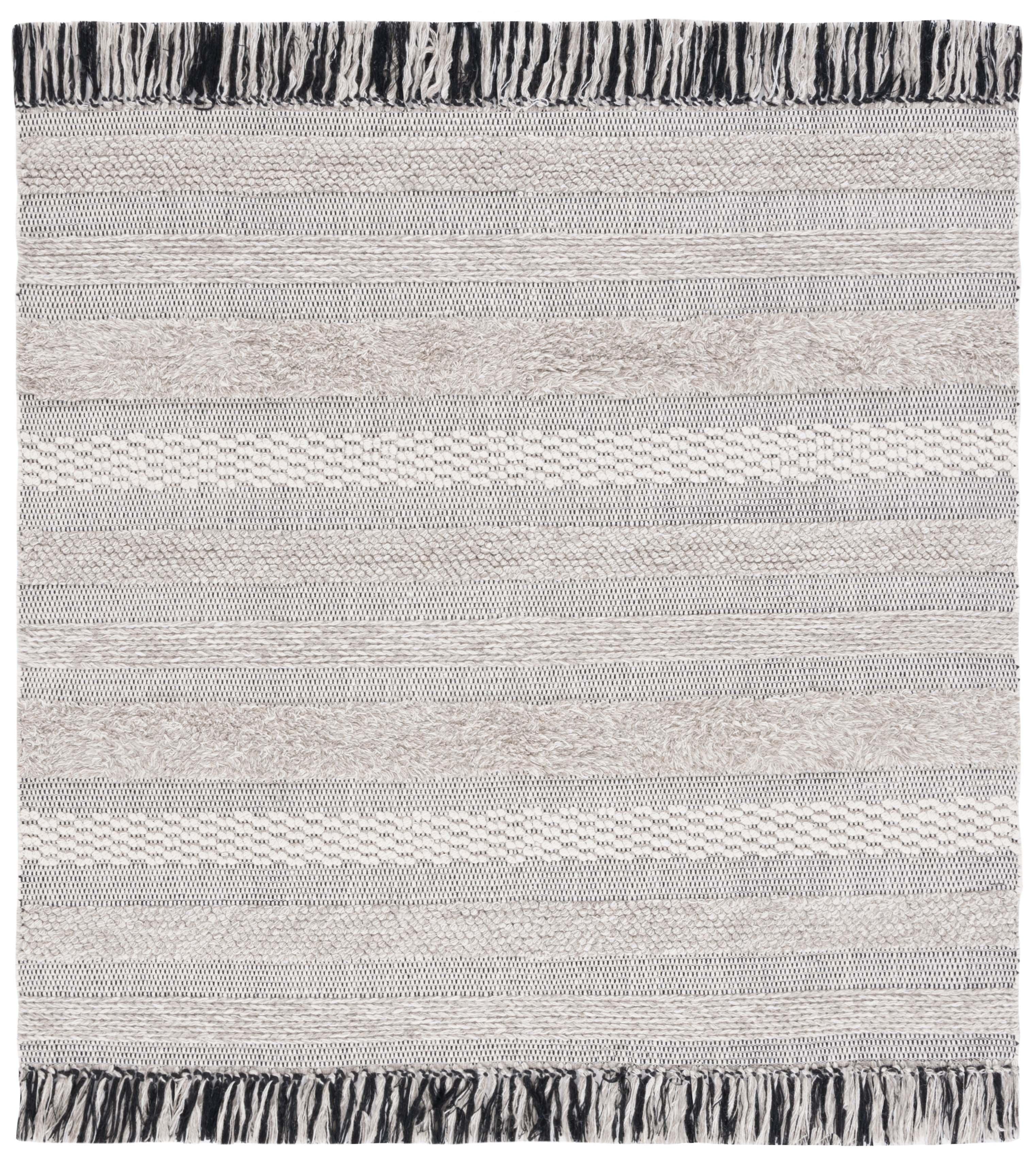 Ivory Square Handwoven Wool and Cotton Rug, 6'