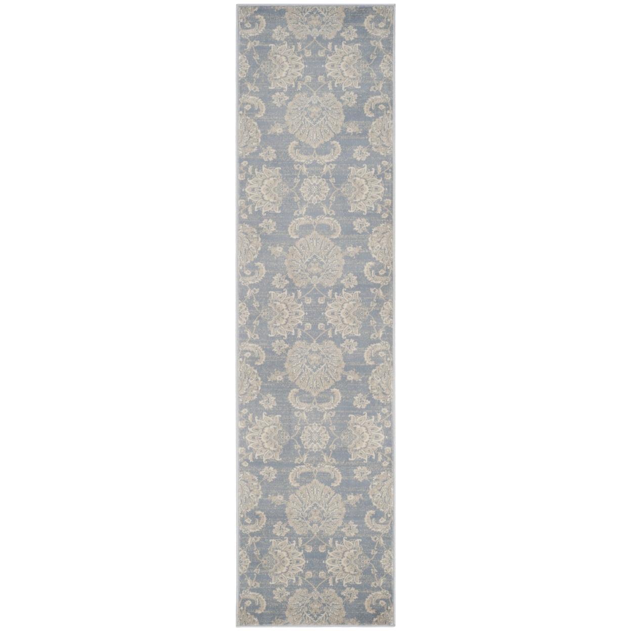 Light Blue and Ivory Viscose Floral Runner Rug, 2'2" x 8'