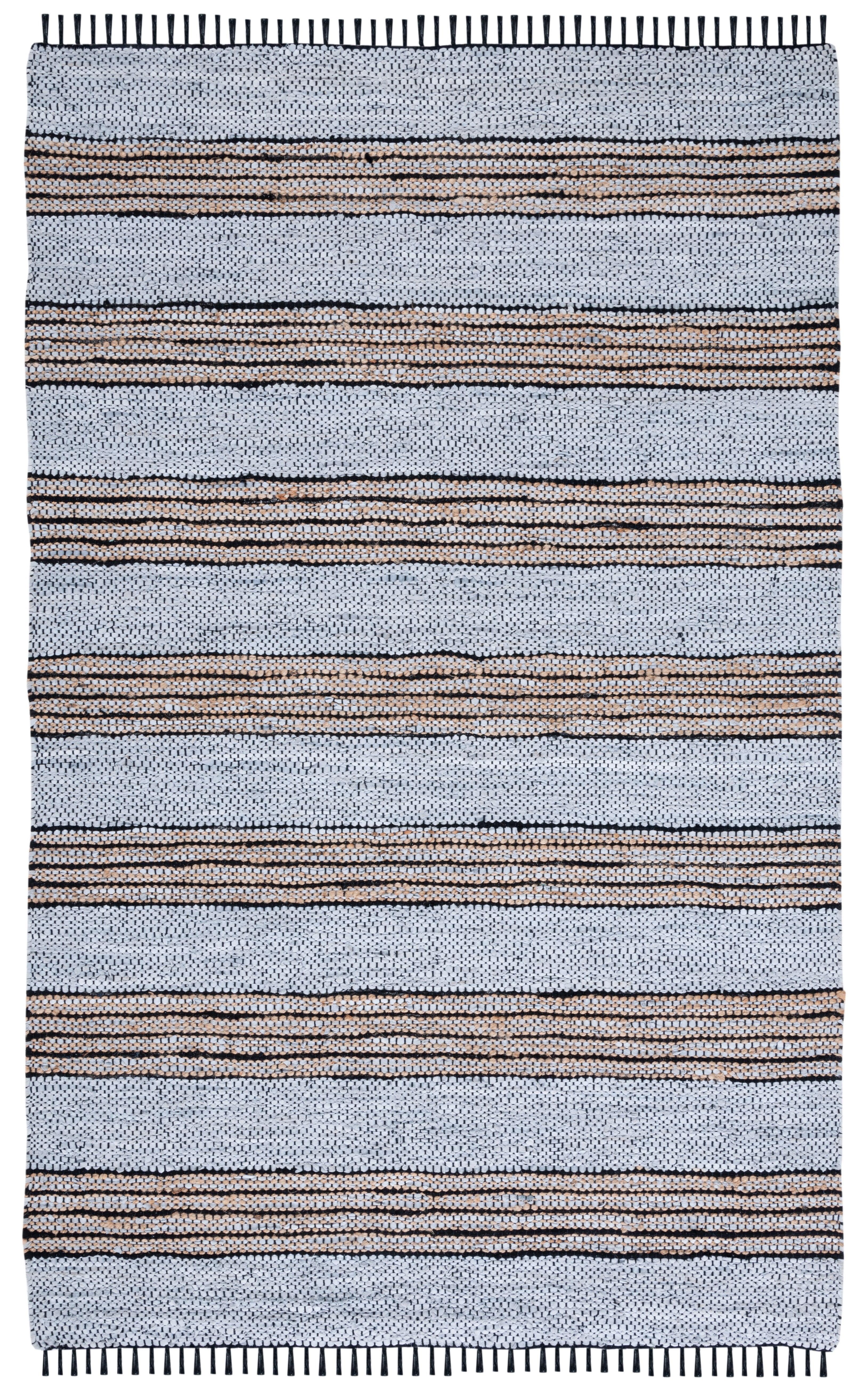 Vintage Leather Hand Woven 70% Leather, 25% Jute, And 10% Cotton Striped Rug
