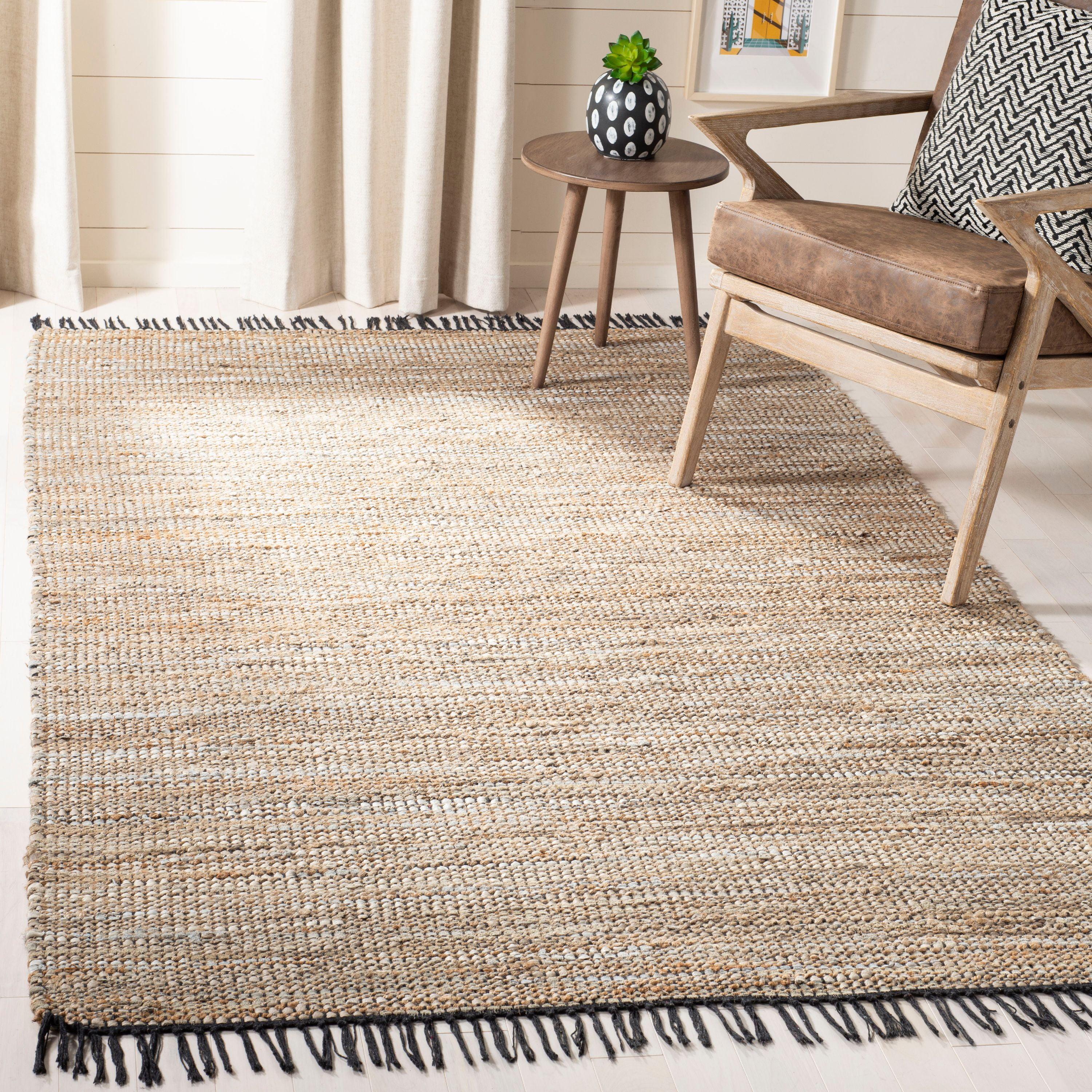 Beige Handwoven Leather Square Area Rug with Fringe