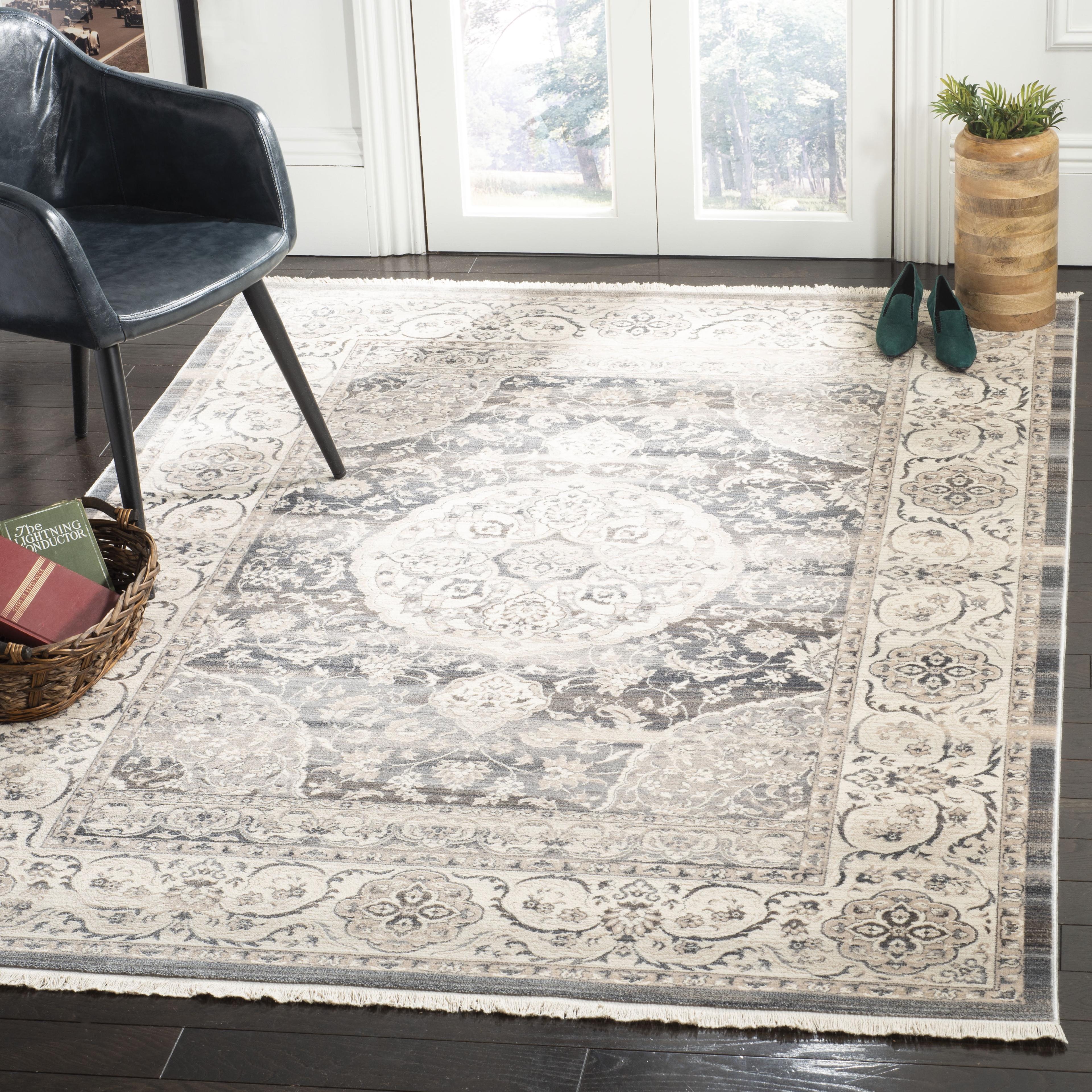 SAFAVIEH Vintage Persian Audra Medallion Bordered Polyester Rug, Dark Grey/Ivory, 5'x7'6"