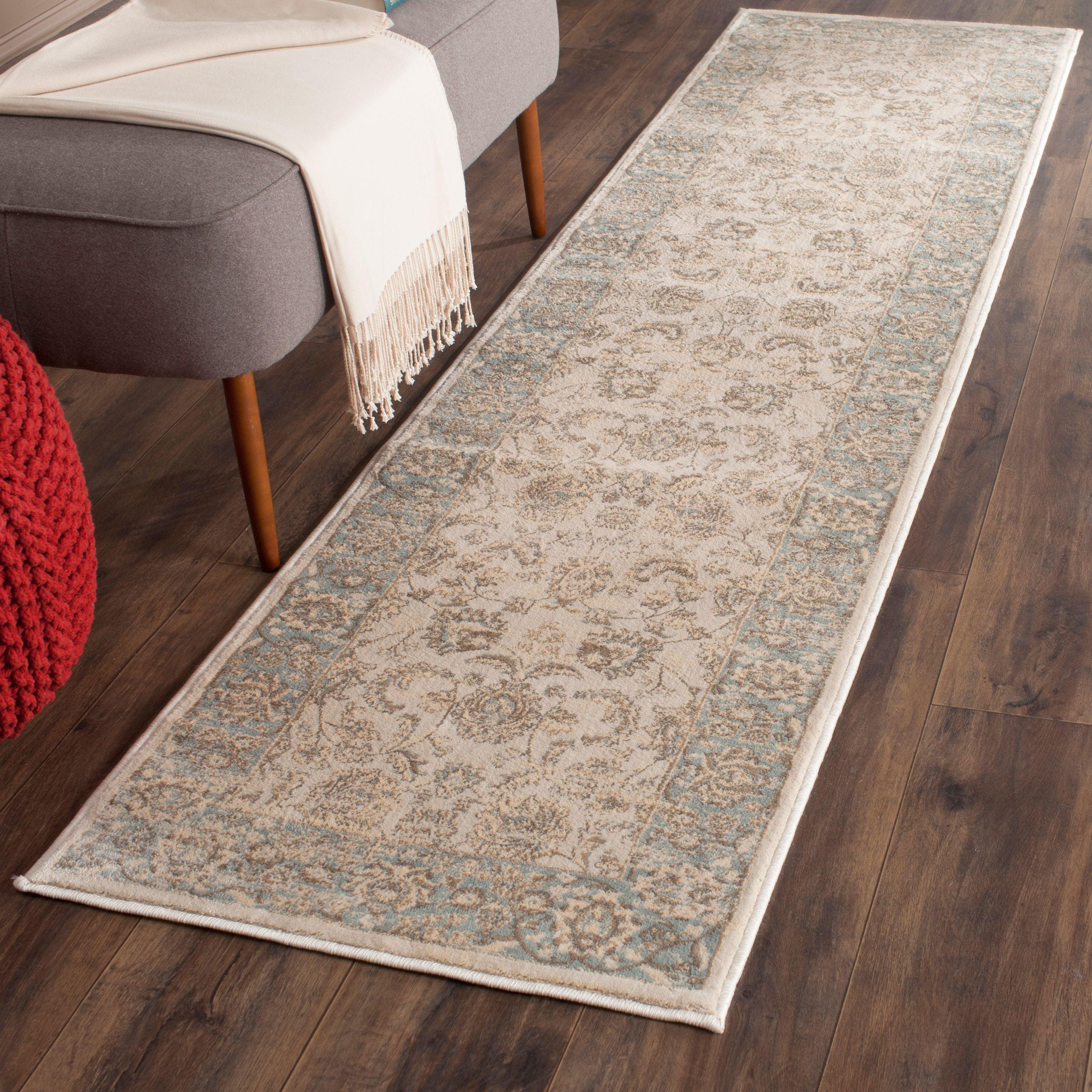 Ivory and Light Blue Vintage Runner Rug, 2'2" x 8'