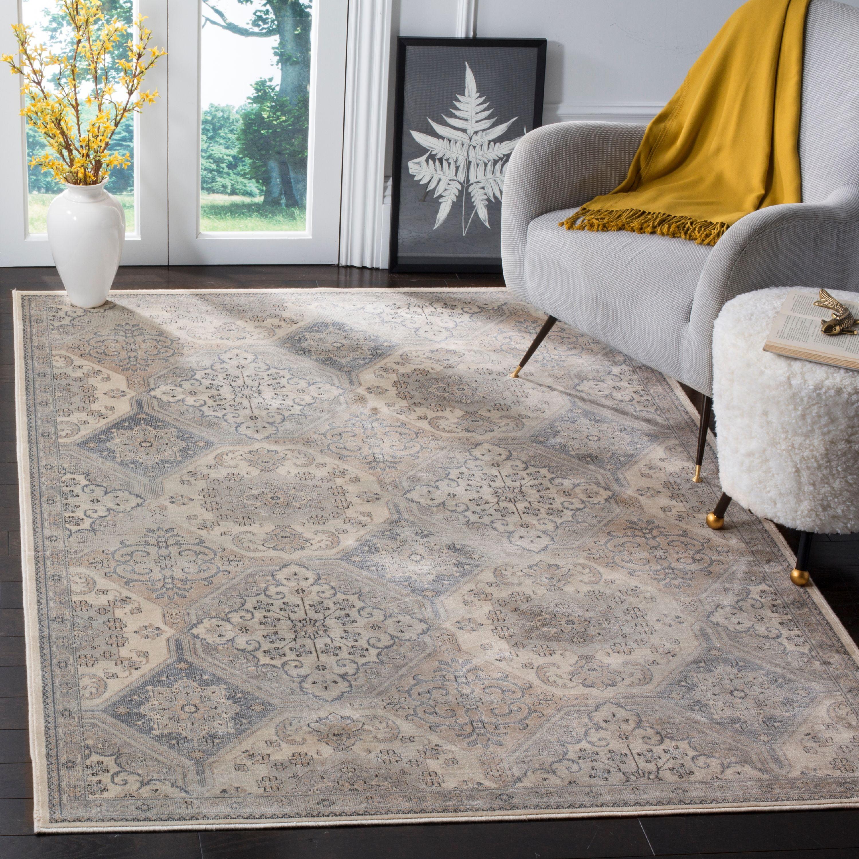 Elegant Cream and Blue Hand-Knotted Transitional Area Rug