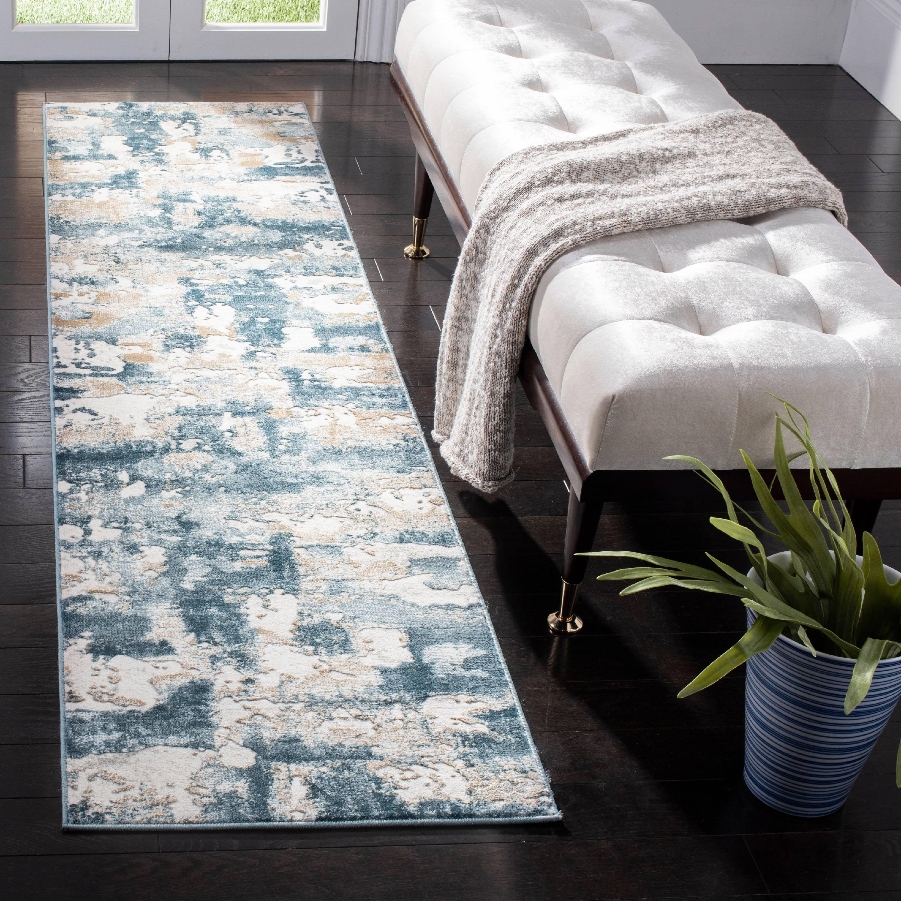 Abstract Elegance Beige & Turquoise 2' x 6' Synthetic Runner Rug