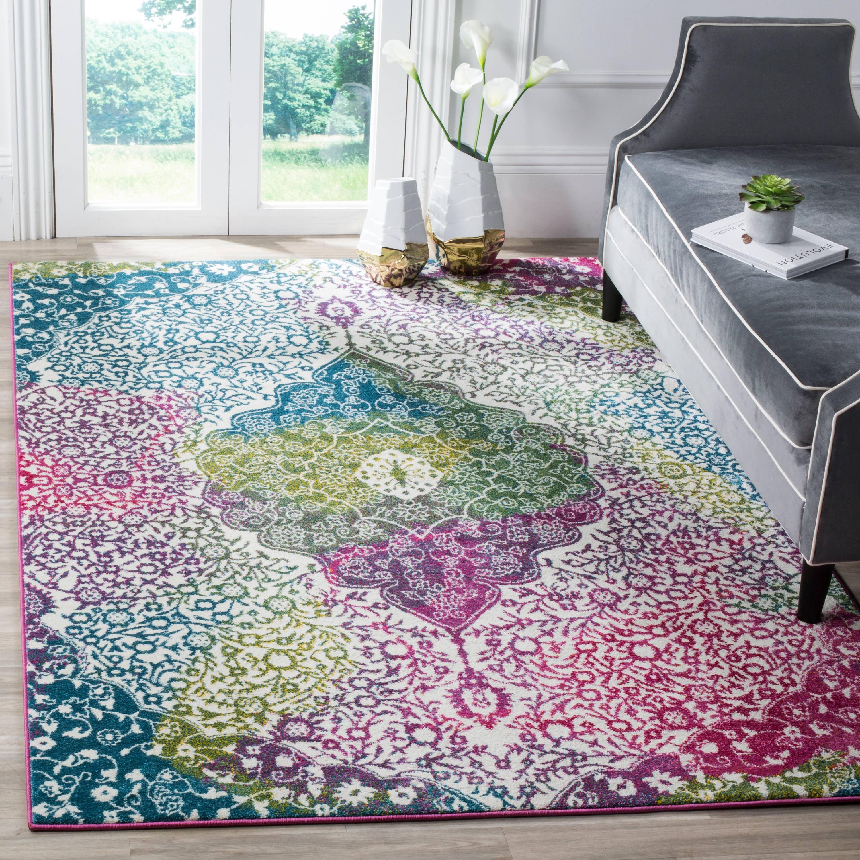 Ivory Fuchsia Square Synthetic Hand-Knotted Area Rug