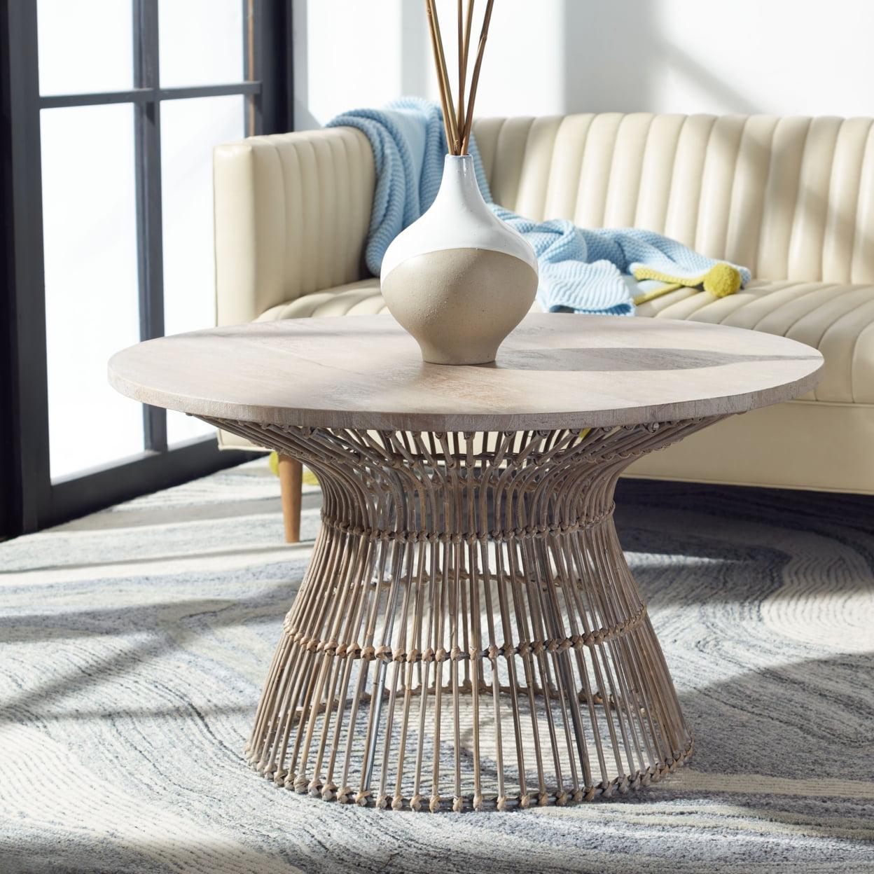 Coastal Charm Grey White Wash & Black Rattan Round Coffee Table