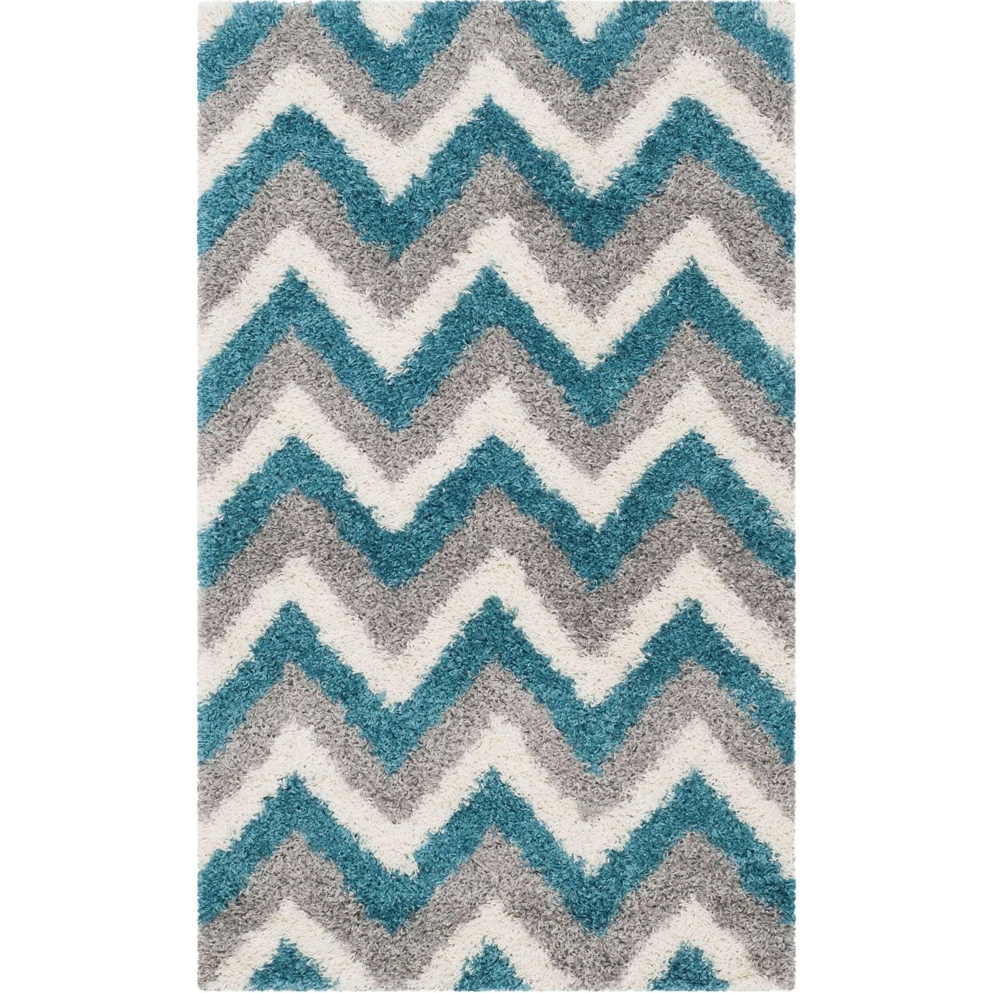 Blue and Ivory Chevron Shag Kids Area Rug