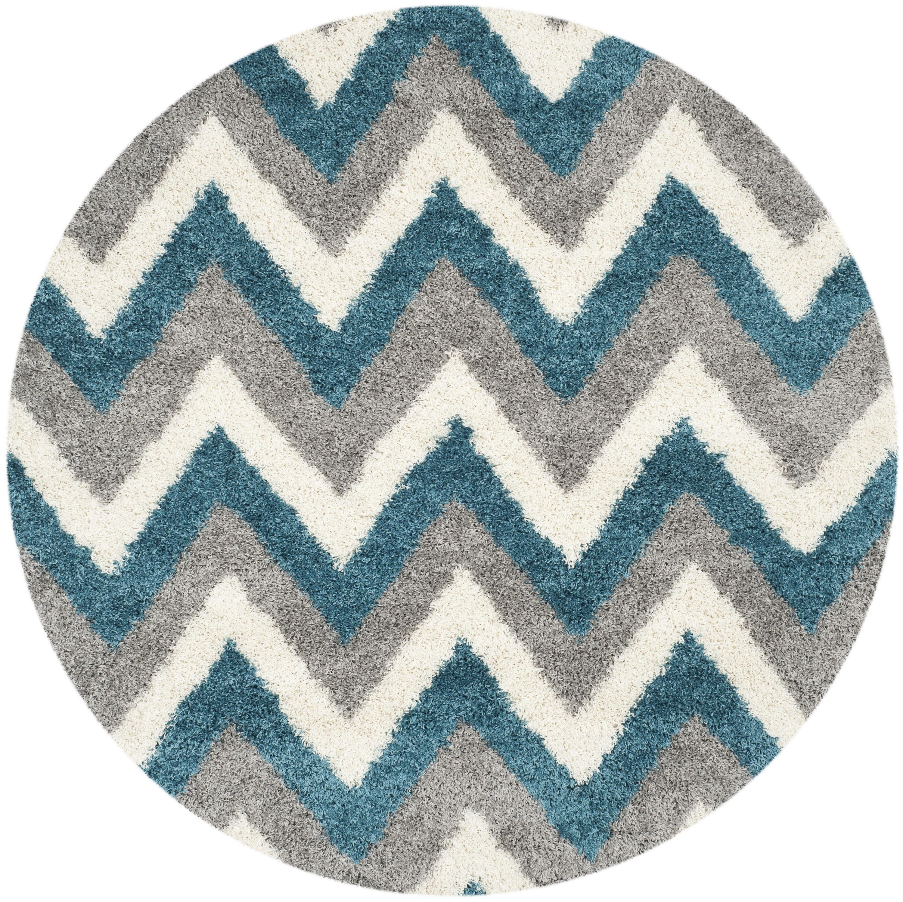 Ivory and Blue Chevron Round Kids Shag Rug