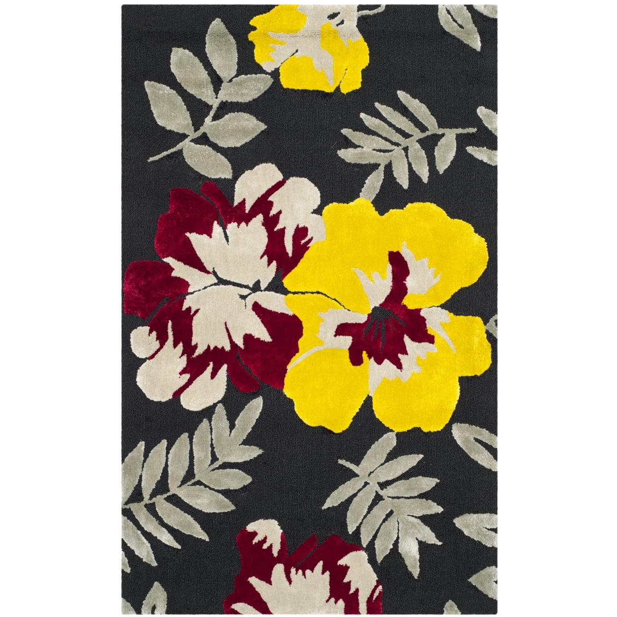 Handmade Black Floral Wool and Cotton Area Rug, 3'9" x 5'9"