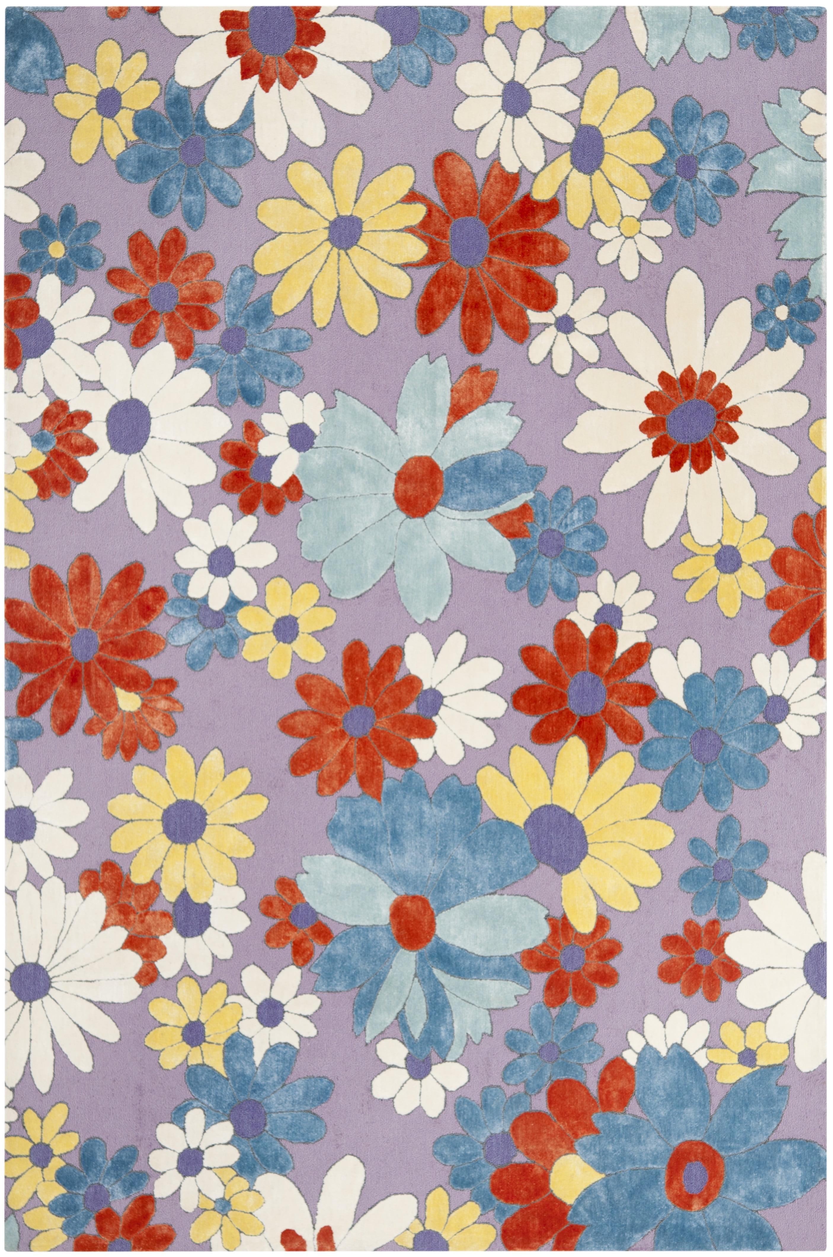 Wilton Blue and Lilac Floral Wool Area Rug 5' x 8'