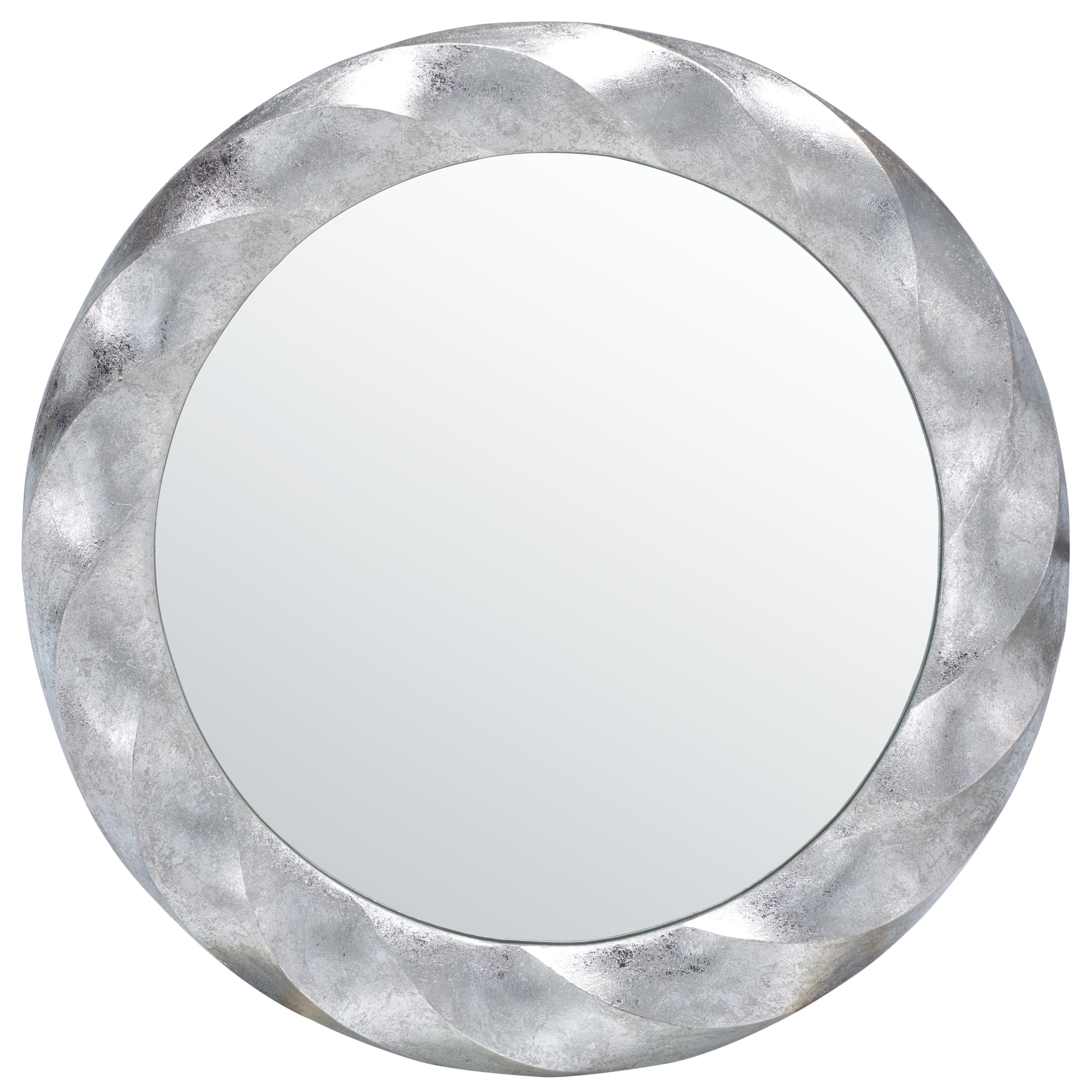 Elegant Mystic 33" Round Wood & Silver Foil Wall Mirror