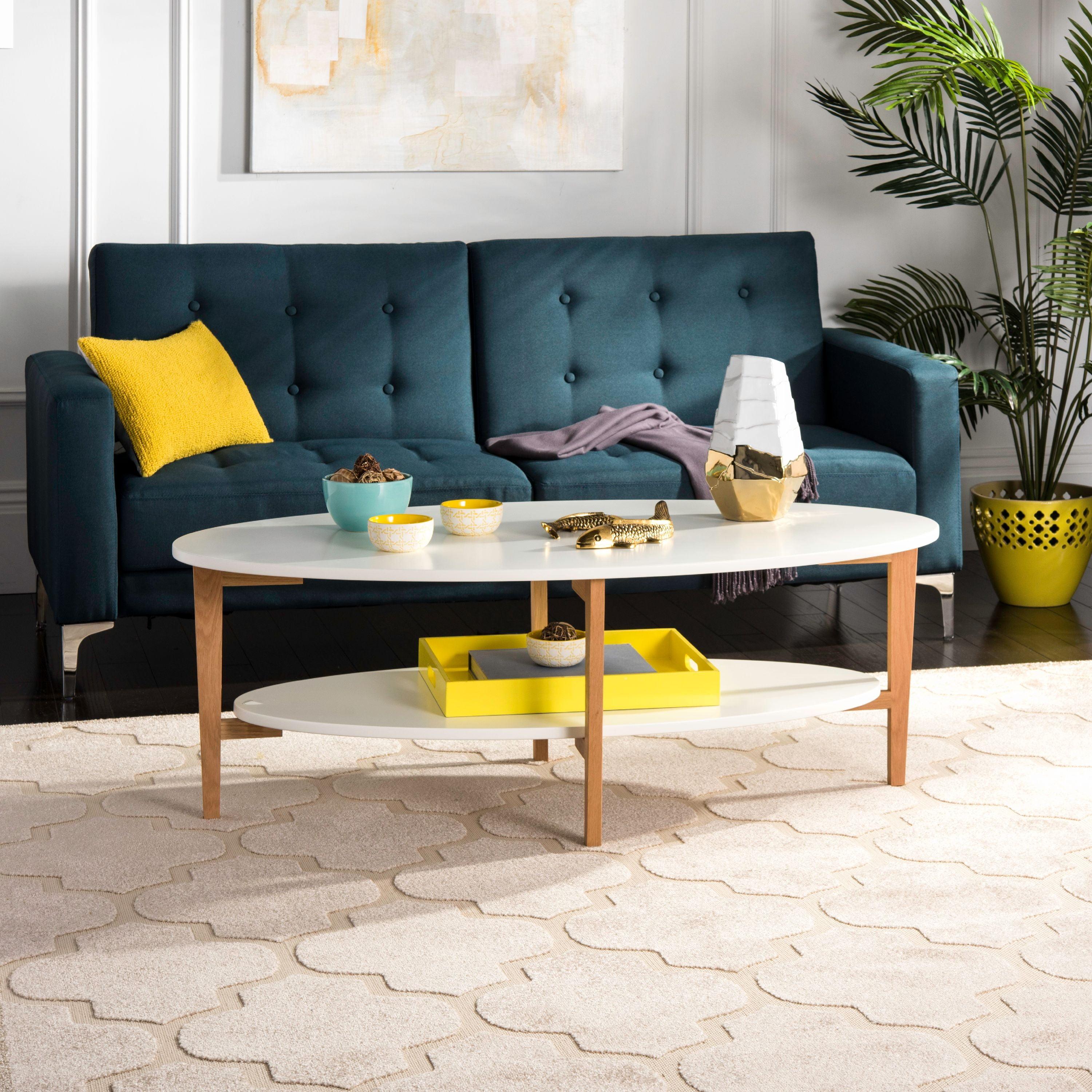 Transitional Dual-Tier Oval Coffee Table in White and Natural Wood