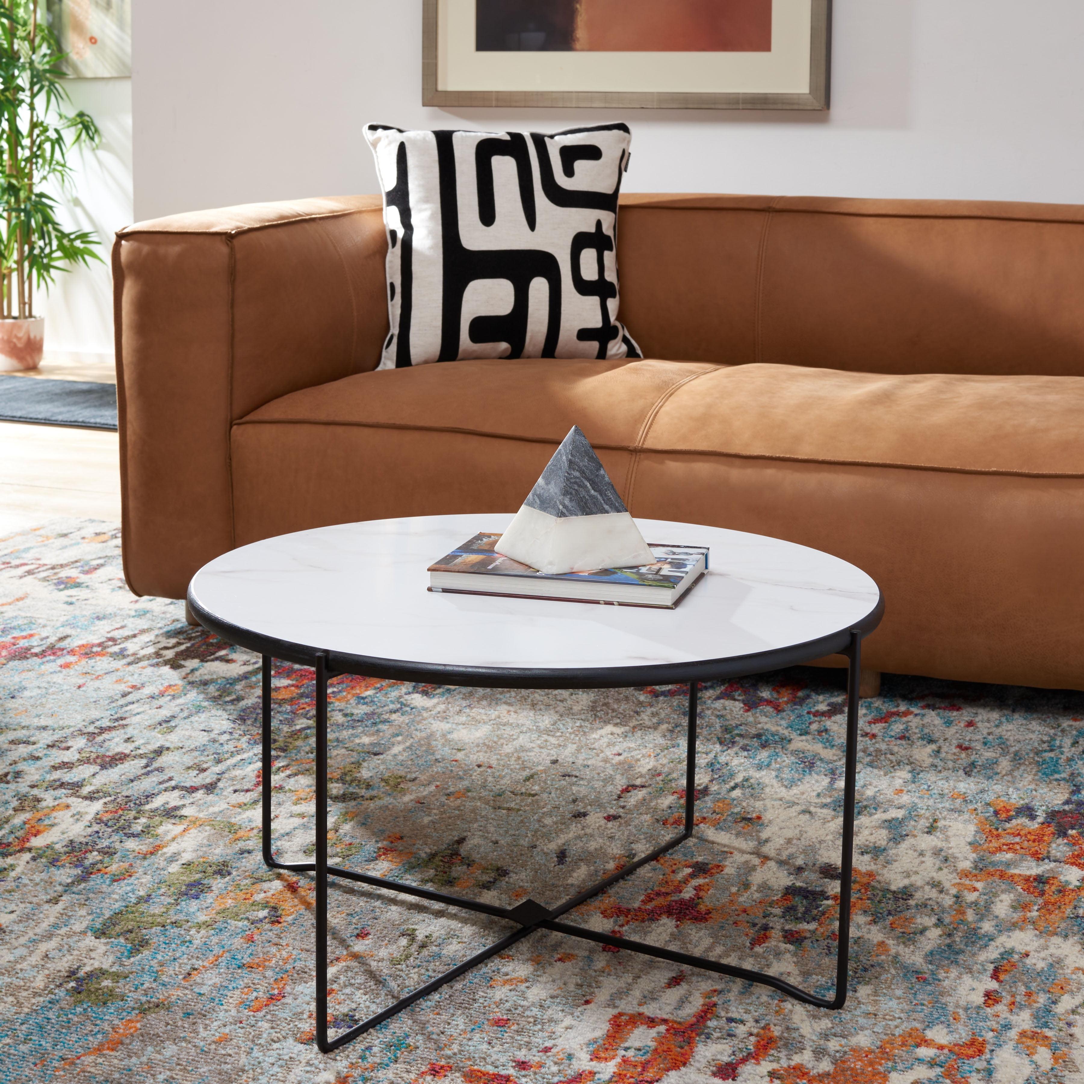 Mid-Century Chic Round Coffee Table with Faux White Marble Top