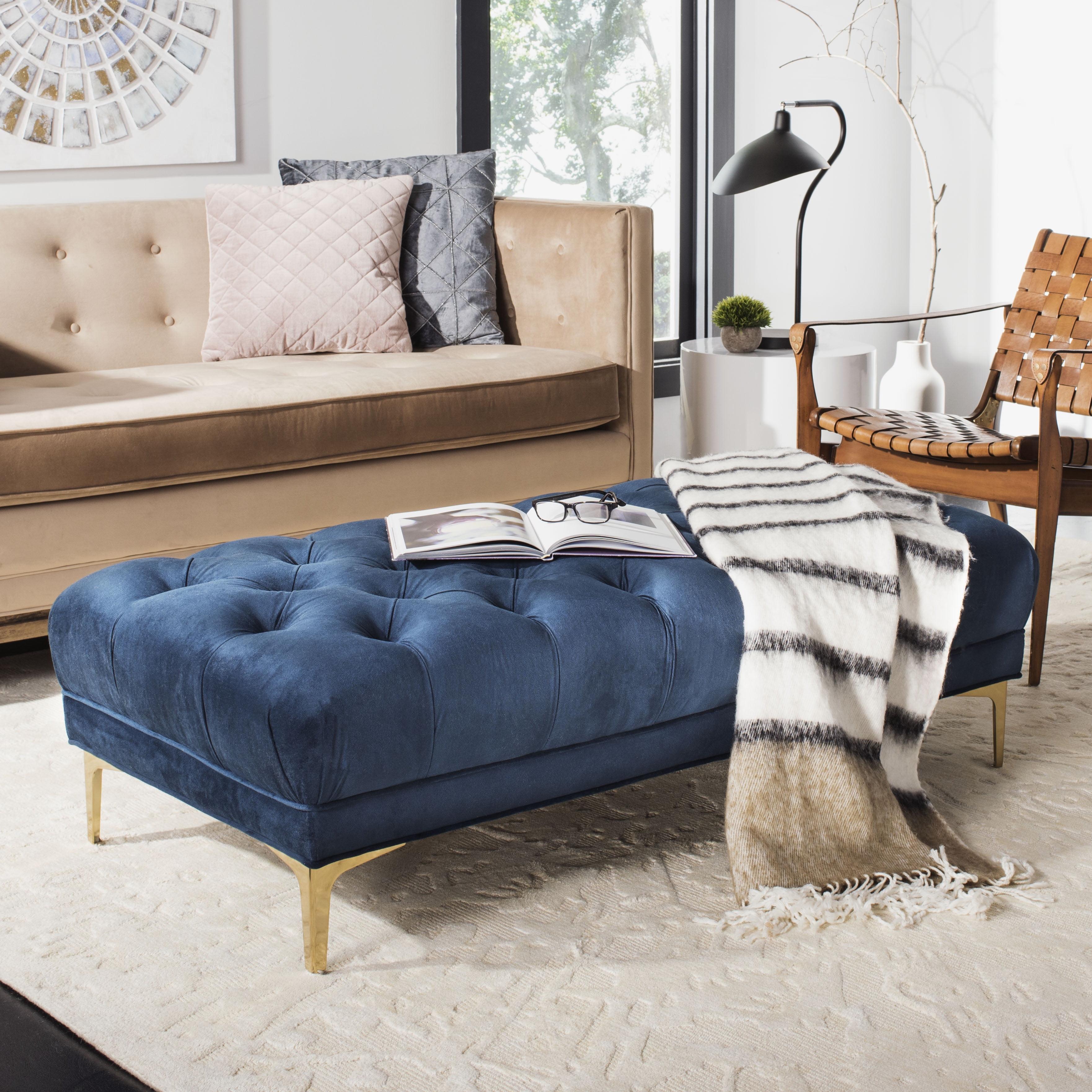 Transitional Navy Velvet Tufted Bench with Brass Legs