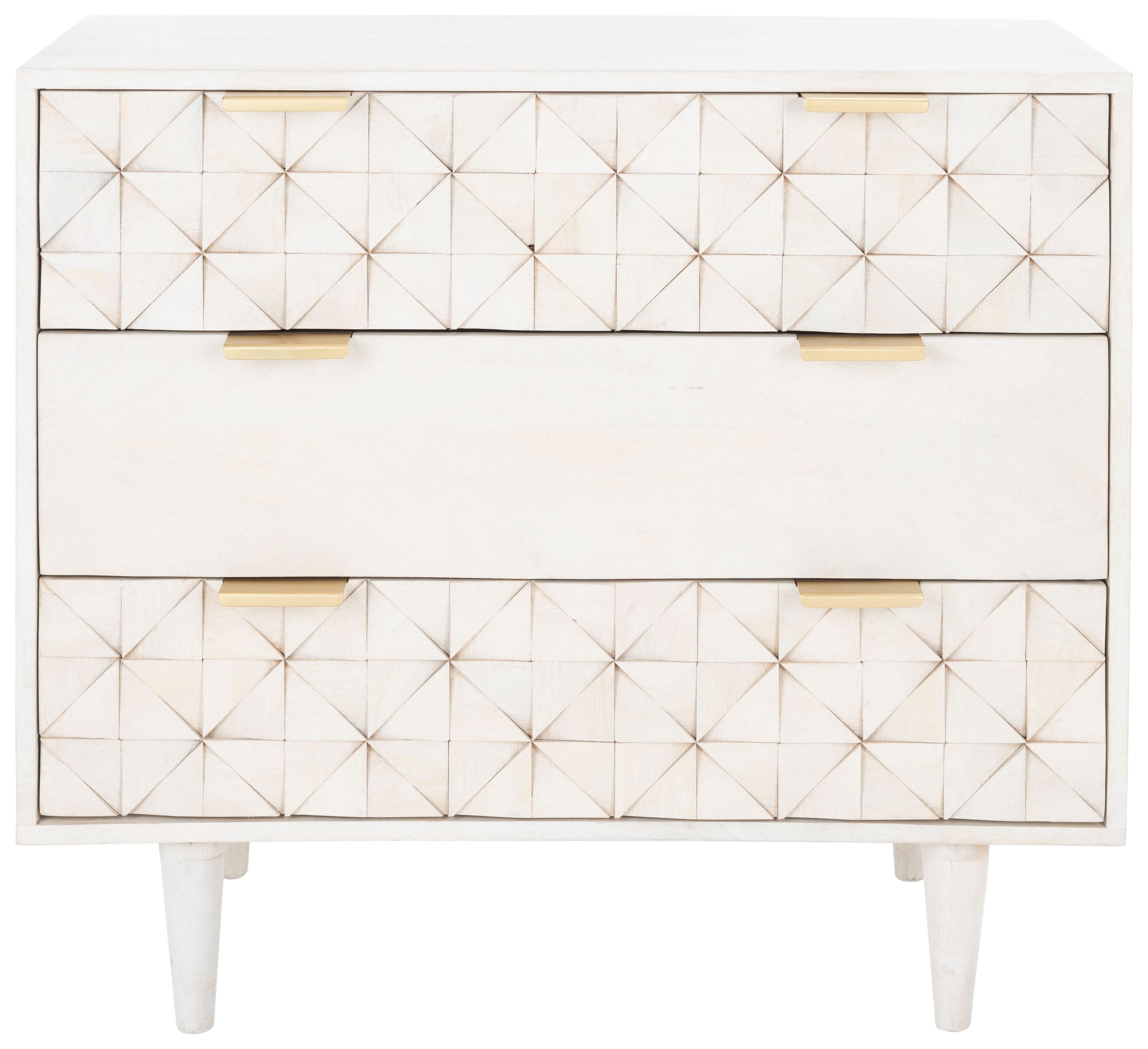 White Wash and Brass 3-Drawer Geometric Chest