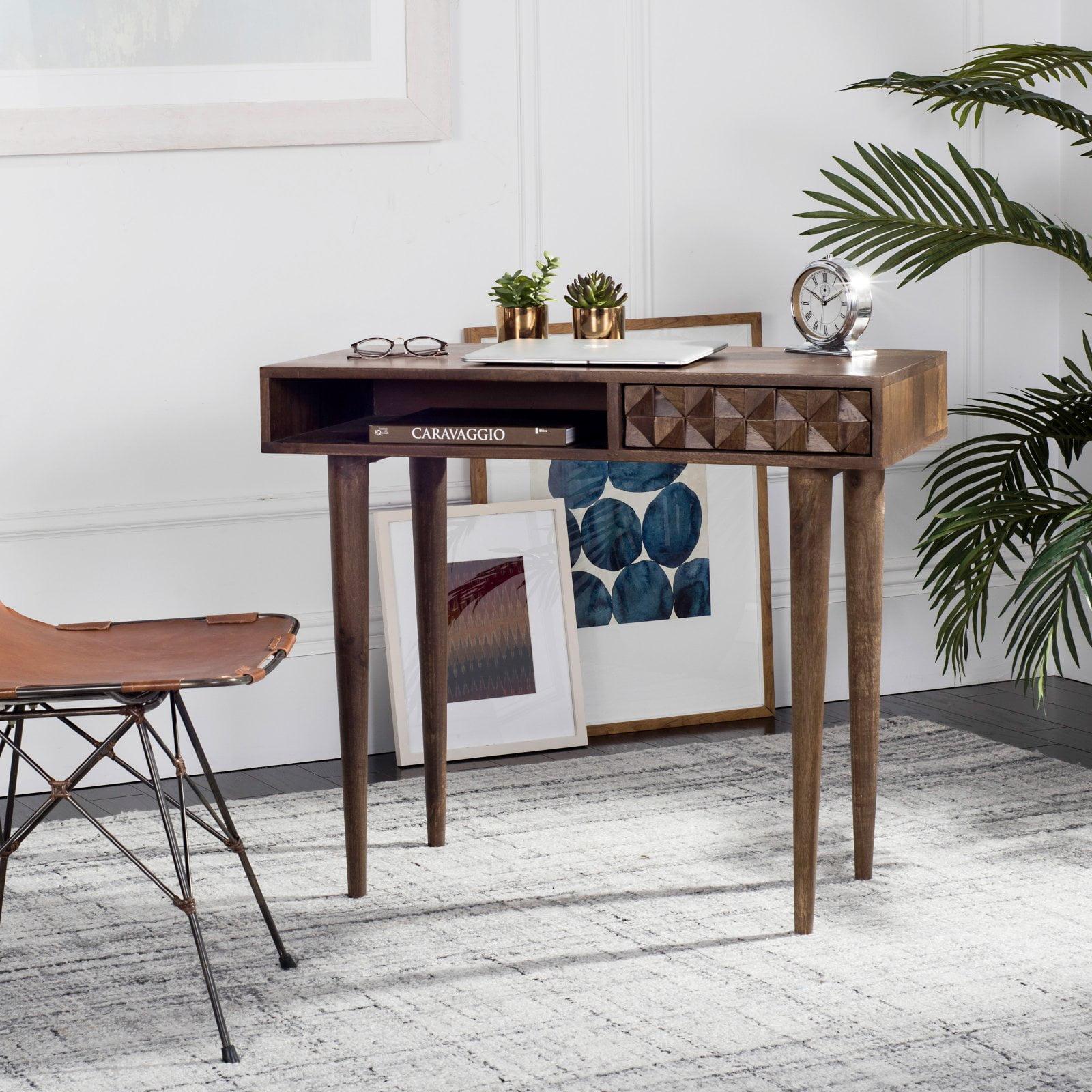 Transitional Walnut Wood Home Office Desk with Drawer