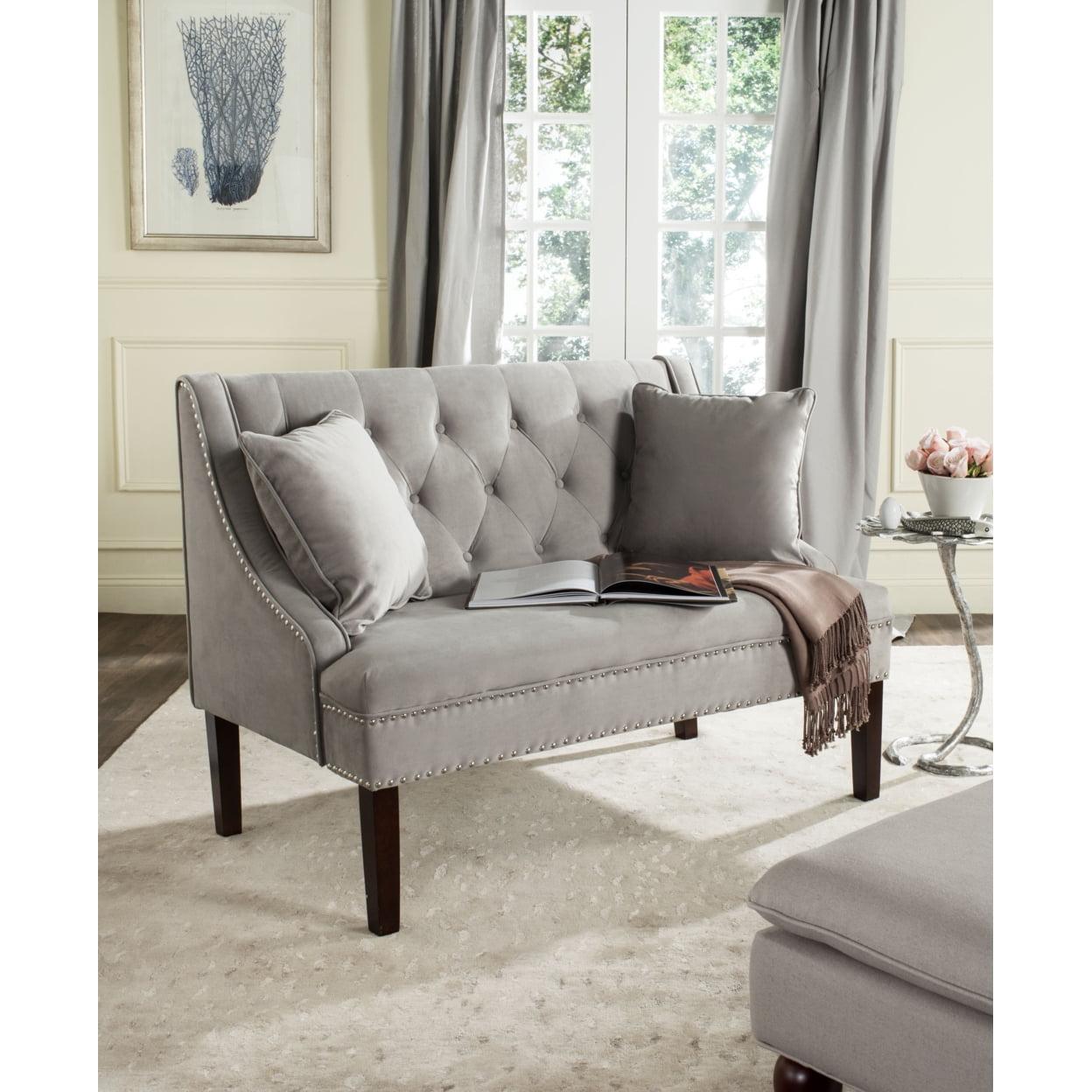 Gray Velvet Tufted Settee with Nailhead Trim