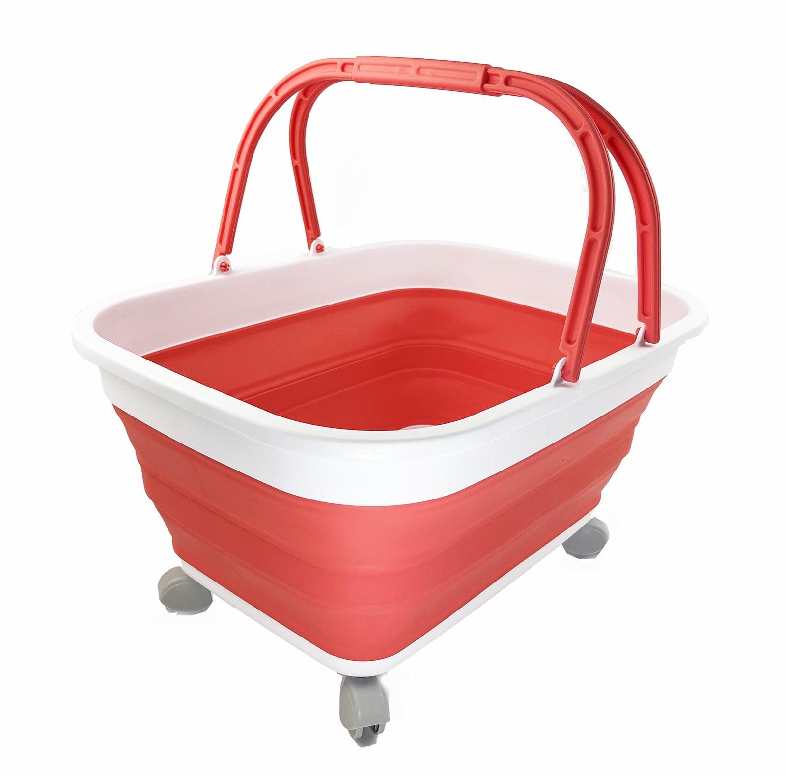 White and Coral Pink Collapsible Plastic Laundry Basket with Wheels