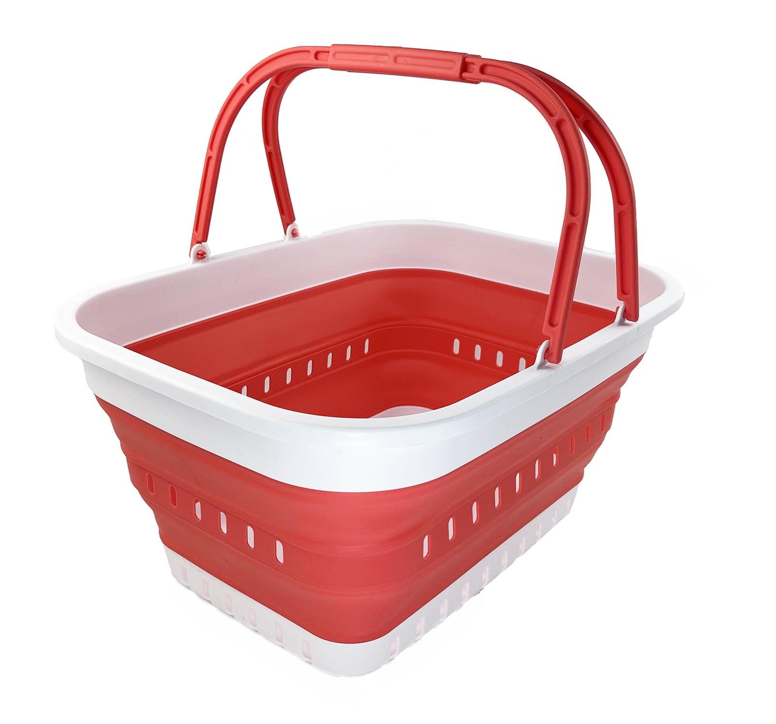 White and Coral Pink Collapsible Plastic Laundry Basket with Handle