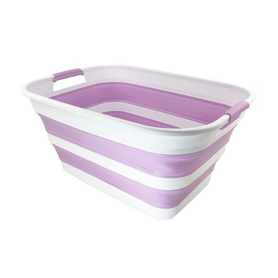 SAMMART 27L (7.1 Gallons) Collapsible Plastic Laundry Basket with Dual Grip Handle, White/Pale Purple/White