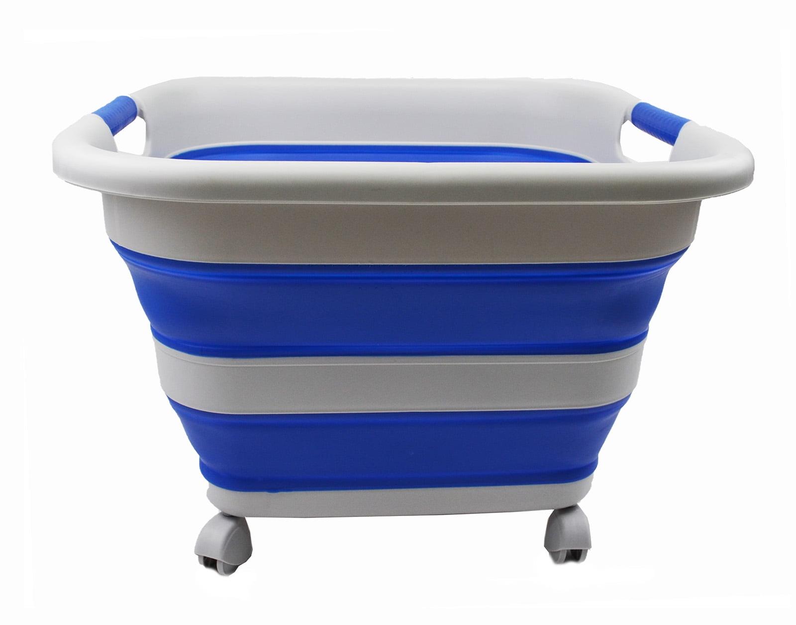 SAMMART 39L (10.3 Gallons)  Collapsible Plastic Laundry Basket with Wheels, Grey/Purplish Blue