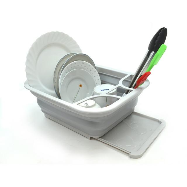 SAMMART Collapsible Dish Drainer with Drainer Board - Foldable Drying Rack Set - Portable Dinnerware Organizer - Space Saving Kitchen Storage Tray
