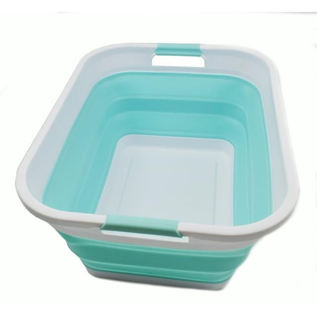 SAMMART 41L (10.8 gallon) Collapsible Plastic Laundry Basket, White/Lake Green