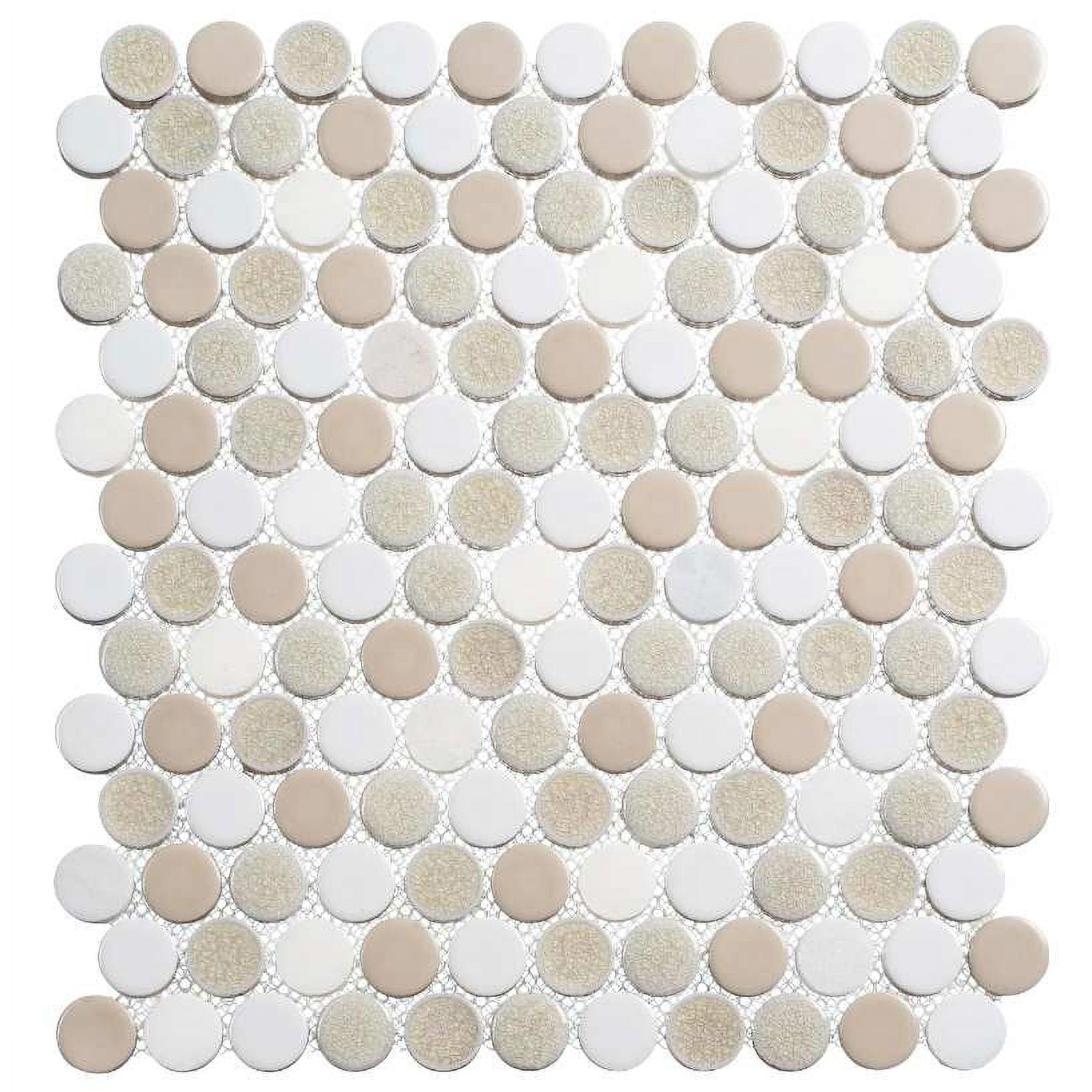 Polished White and Beige Ceramic Penny Round Mosaic Tile