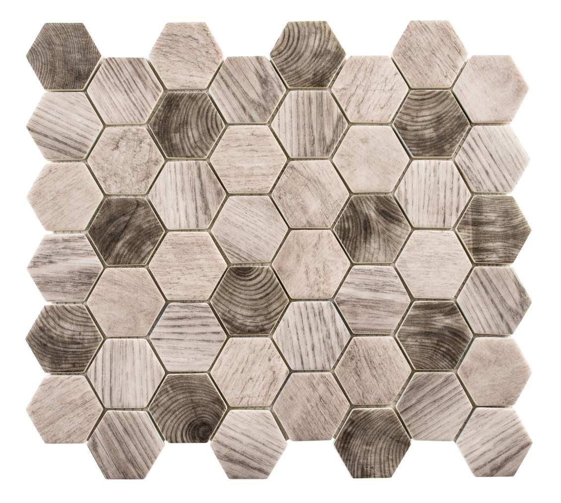 SAMPLE-Terrain Oslos Brown 2-in. Honeycomb Wood Look Matte Glass Mosaic Wall & Floor Tile